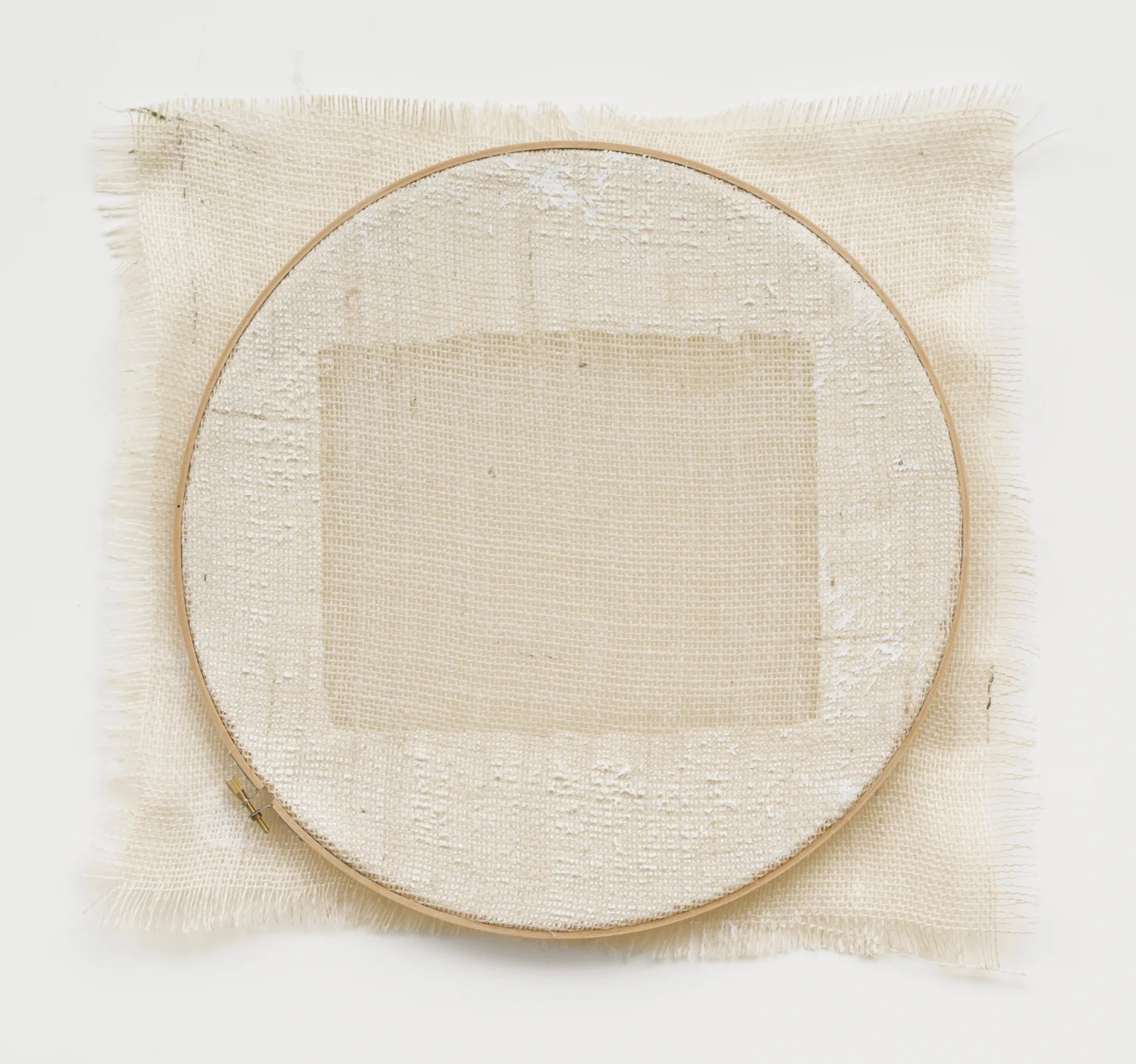 Untitled, 2018. Acrylic, wax, jute, embroidery hoop (16.5 x 17 x 1 inches)