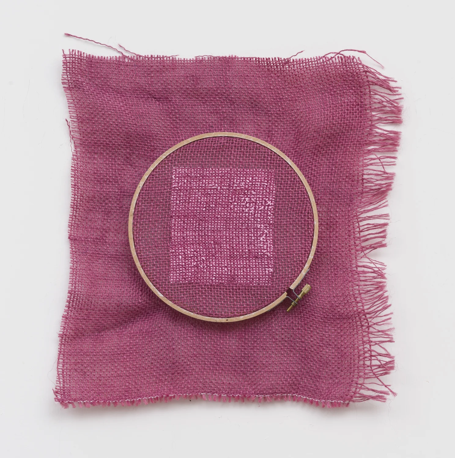 Untitled, 2018. Acrylic, wax, dyed jute, embroidery hoop (12 x 12 x .75 inches)