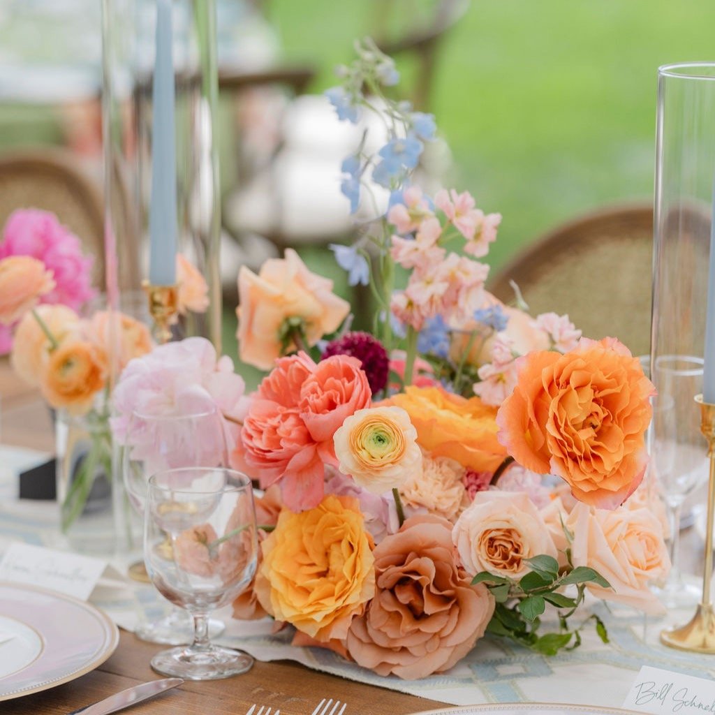 The colors were so playful for these centerpieces. So happy for this sweet couple their wedding was so special. Loved the vision from the bride and from our my dear friend @lathamstevensevents photos @jamye_chrisman rentals/sign @atwood.design floral