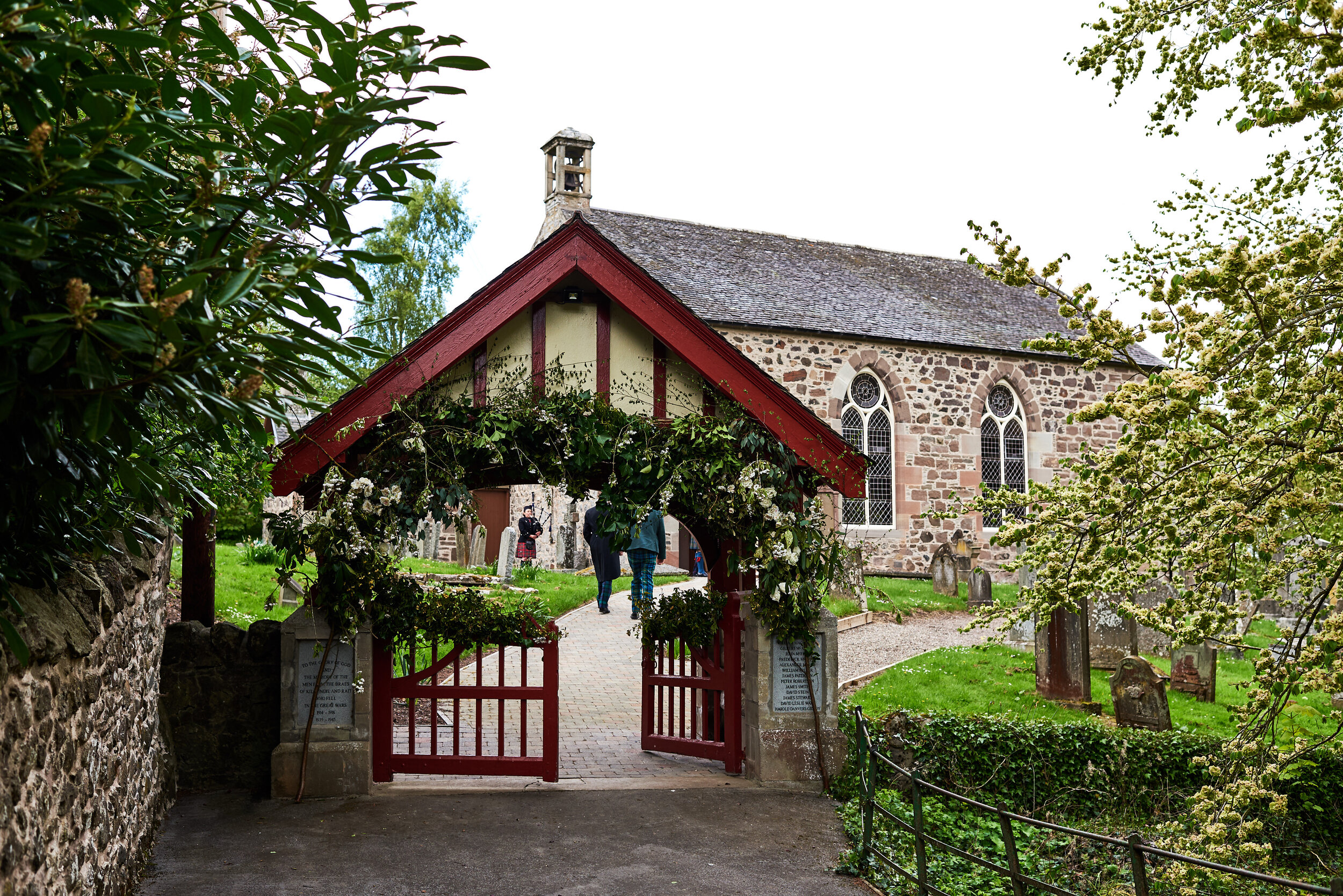 Scottish Church decorated with foliage and cream garland