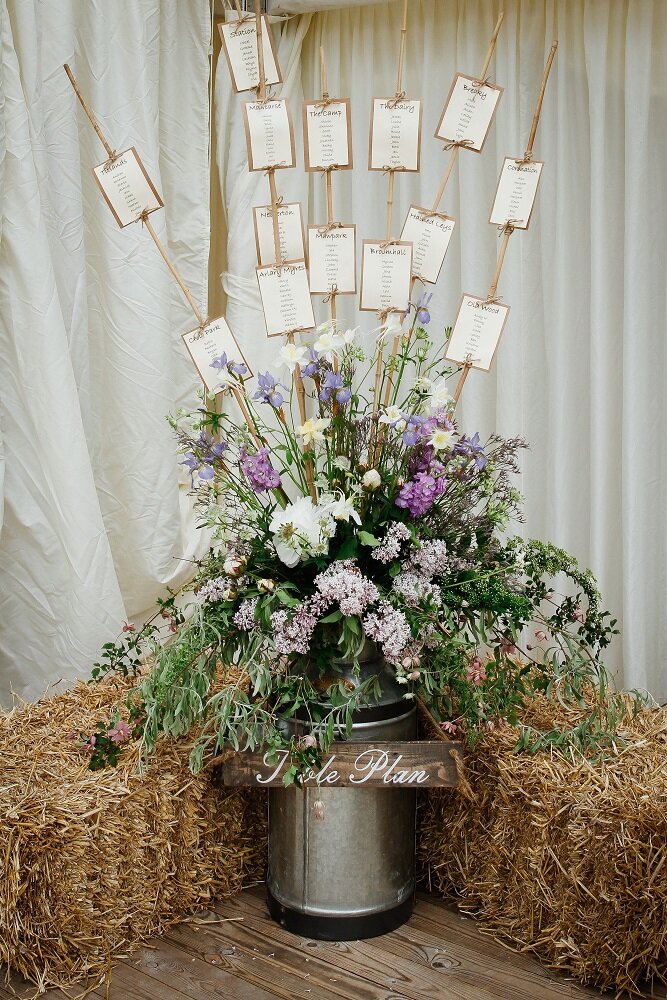 Table plan displayed in a beautiful floral arrangement of Scottish grown flowers at Perthshire wedding