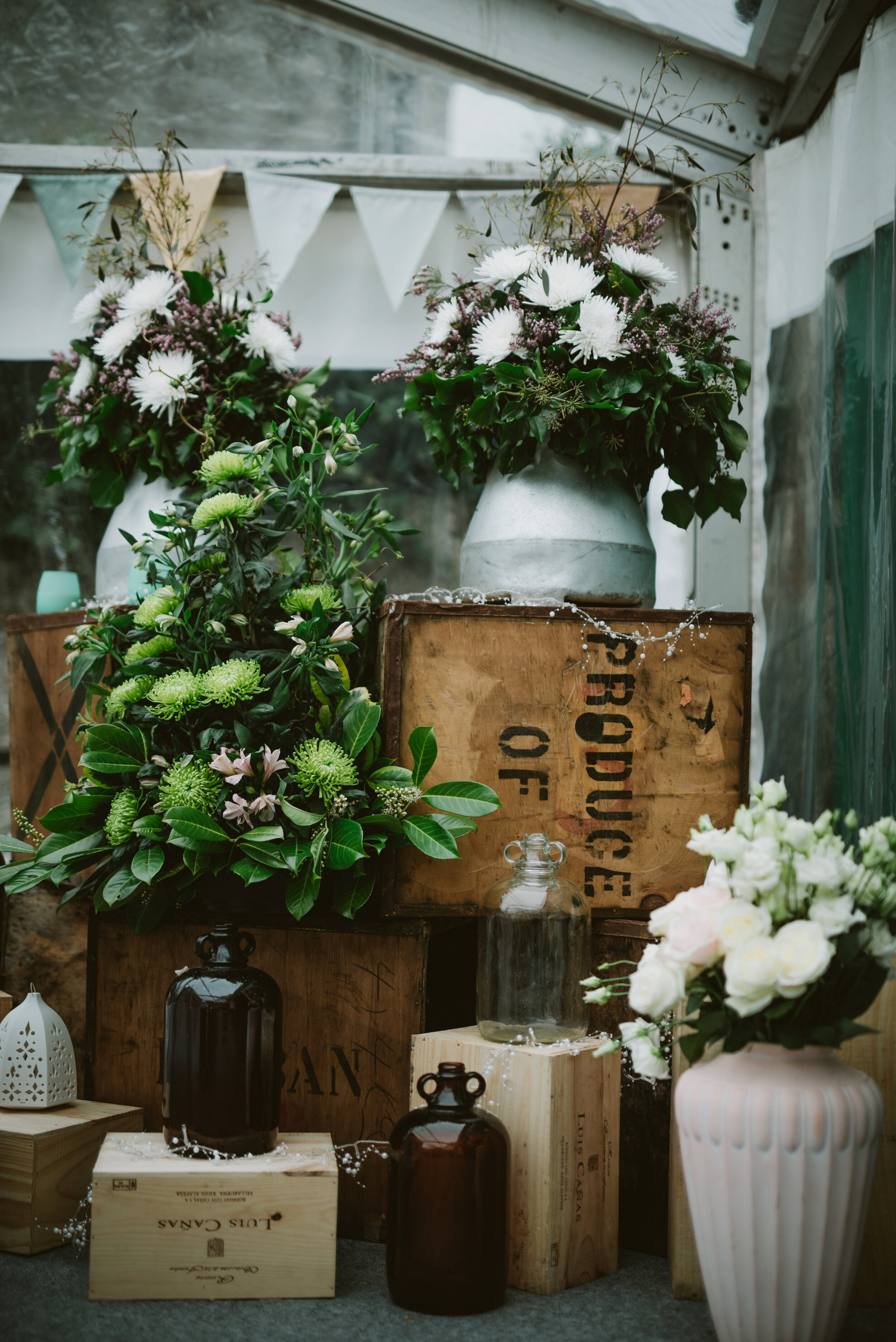 Display of various floral arrangements at a scottish wedding 