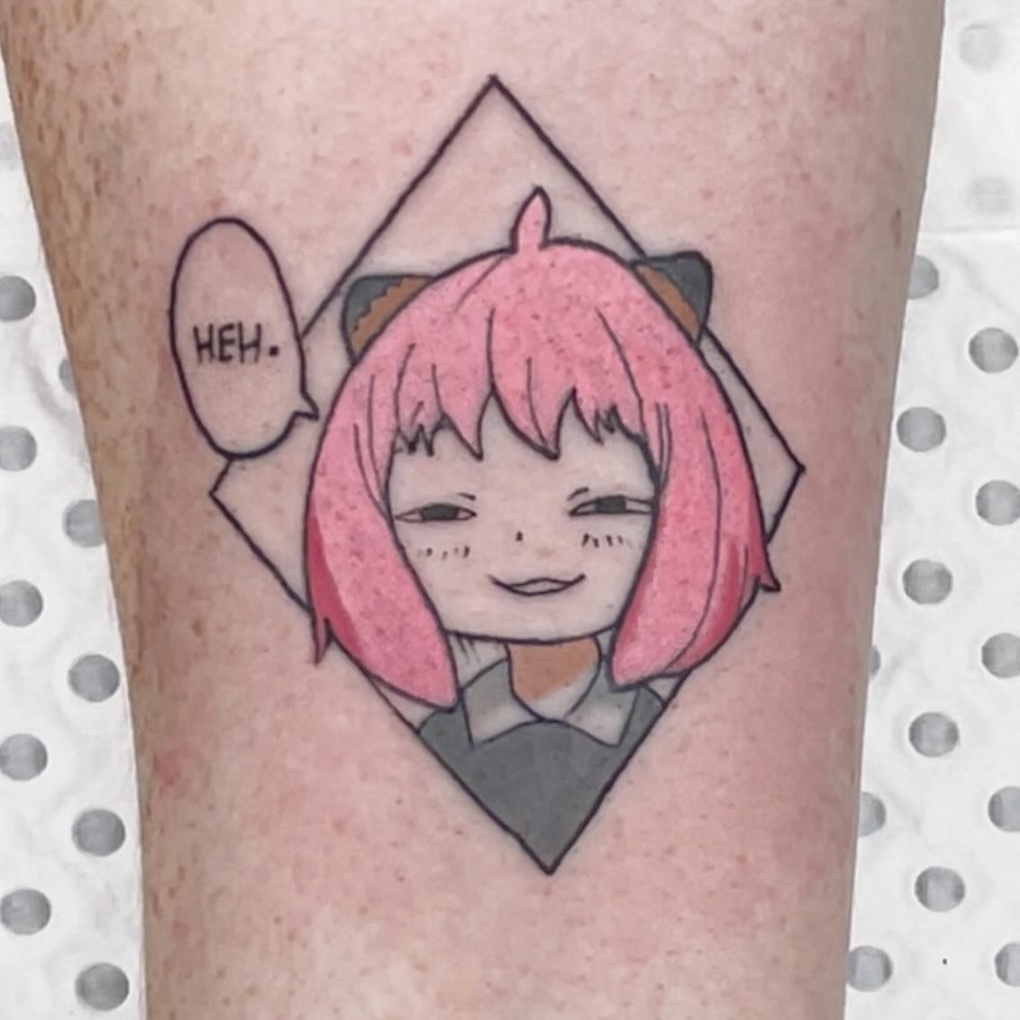 - Anya 
Done at @infiniteworldstattoo 
Super happy how it turned out! 
#anime #spy #spyfamily #geek #nerd #tattoo #tattoos #adelaidetattoos #colortattoos #otaku #otakutattoo