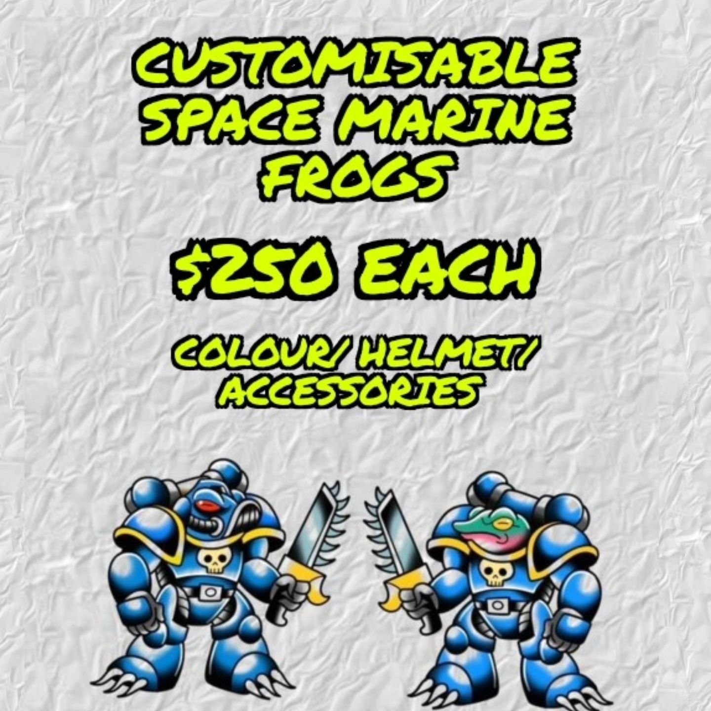 CUSTOMISABLE SPACE MARINE FROGS $250
Customise:
-Helmet
-Colour
-Weapon(s)
-Accessories 

 @infiniteworldstattoo #cartoon #sticker #tattoos #tattooflash #tattoo #traditional #traditionaltattoo #trad #tattooartist #tattooed #neotrad #neo #neotradition