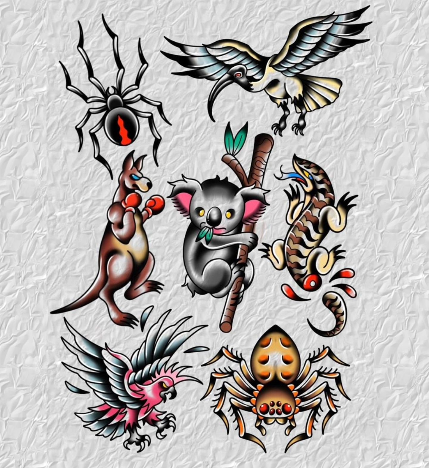 AUSSIE ANIMAL FLASH
$200 EACH
-GALAH
-HUNTSMAN
-BLUE TONGUE LIZARD
-KOALA
-KANGAROO
-IBIS (BIN CHICKEN)
-RED BACK SPIDER

DM TO BOOK

 
 @infiniteworldstattoo #cartoon #sticker #tattoos #tattooflash #tattoo #traditional #traditionaltattoo #trad #tatt