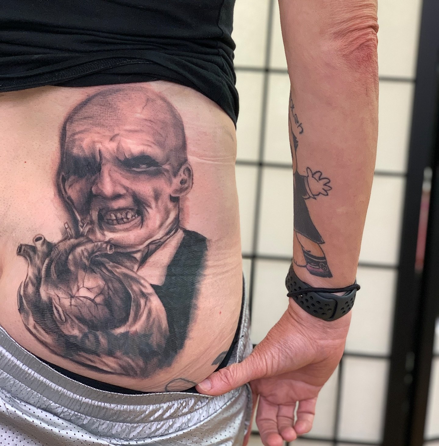 for @gothgal13 buffy fixes everything! Blast over of a name I tattooed as a second year with this smiley chap done over two half days this week- more to be added once he&rsquo;s all healed 😁 
plus added in our lil poison bottle to miss Wednesday on 