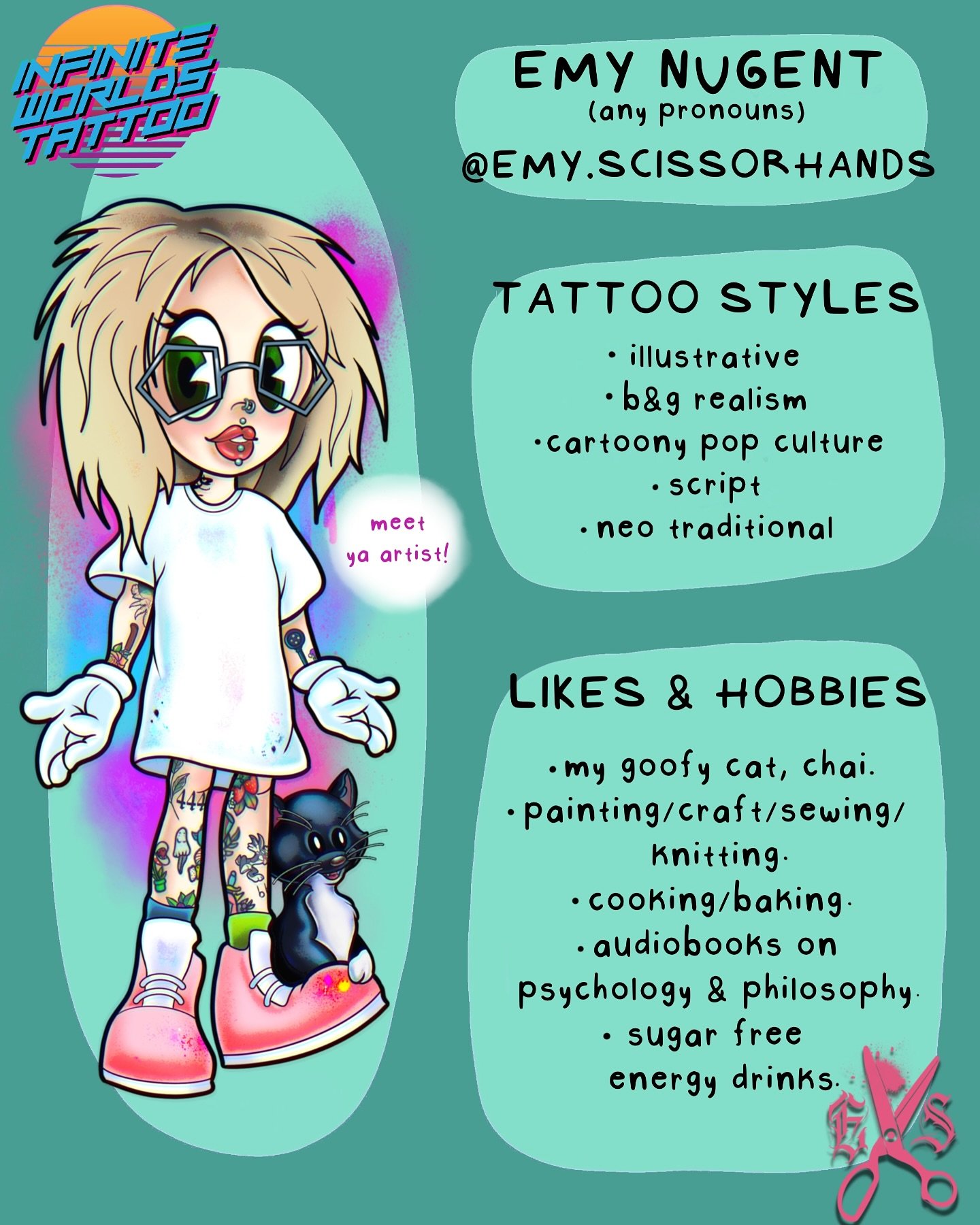 meet emy! 
one of our resident qualified artists. they bring a creative and unique perspective to all artistic endeavours they encounter, from sewing, to painting to baking the rest of the crew treats on their birthdays reminiscent of their special i