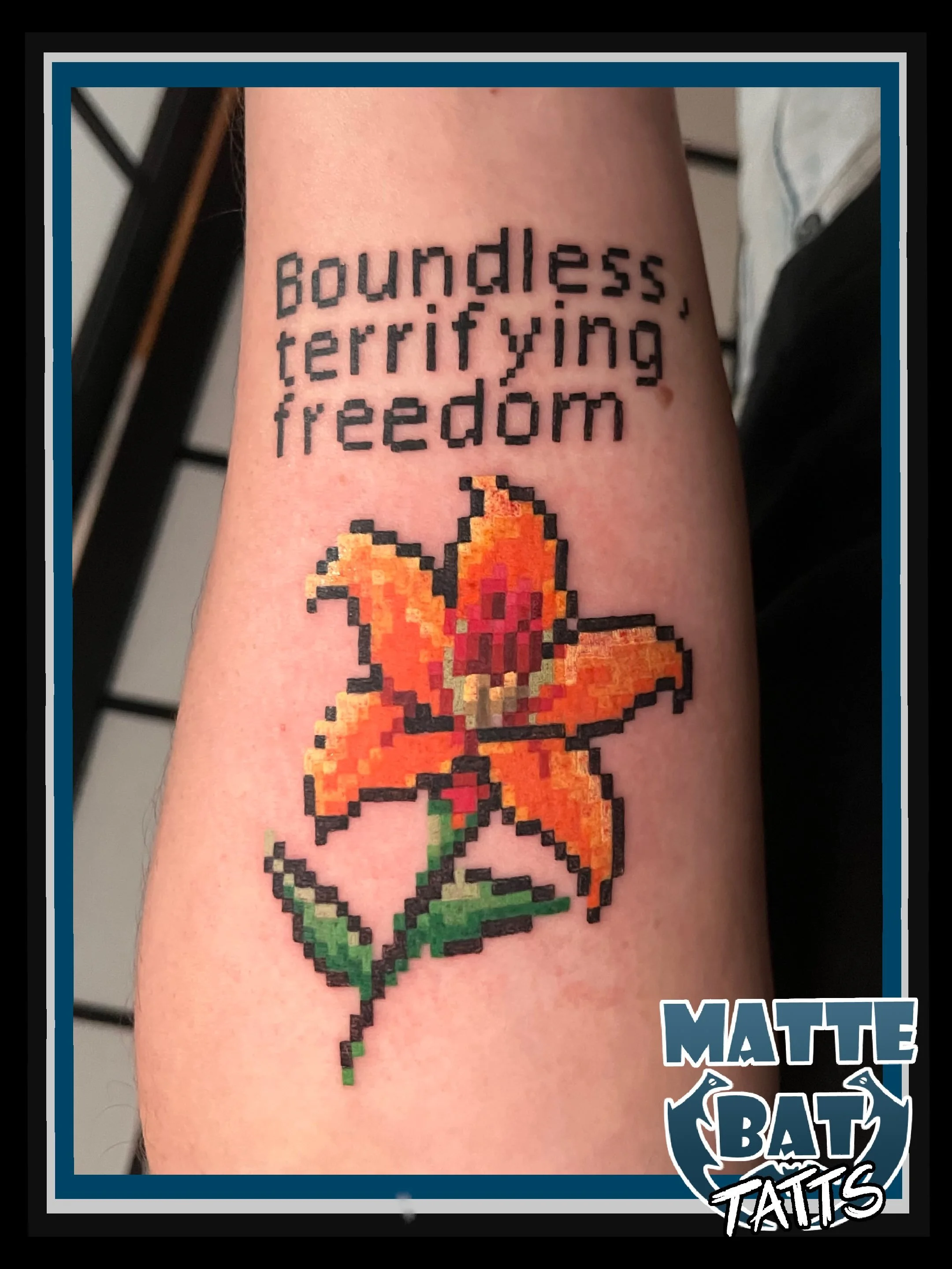 And to continue the Final Fantasy vibe, some pixel art of a quote that I&rsquo;m sure lives pretty close to the heart in a lot of people. 

I LOVED doing this piece, not just because I enjoy doing pixel tattoos, but hearing the story about why this g