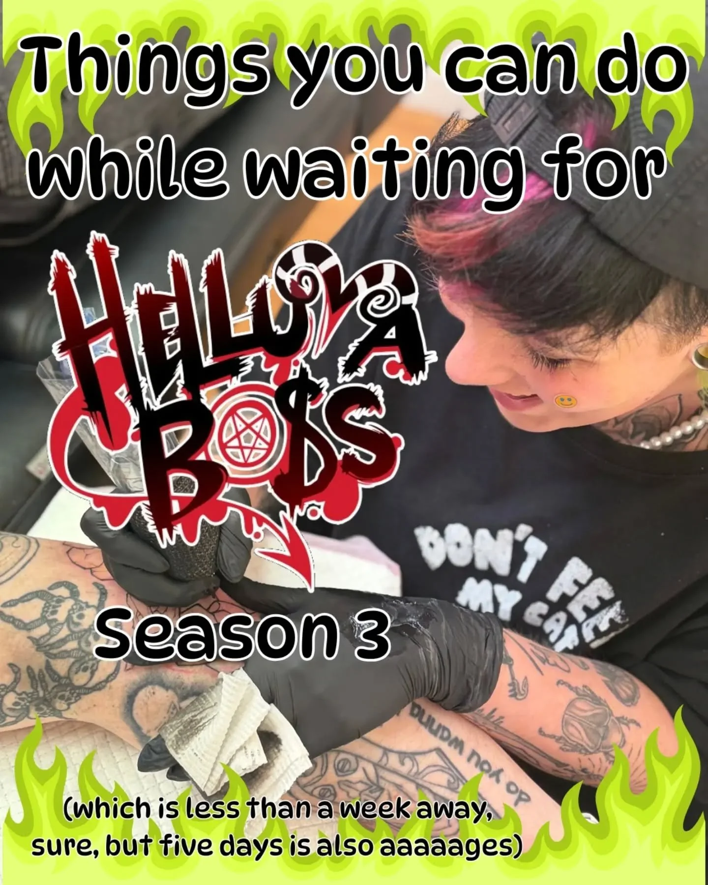 Are you stressed? Emotionally fragile? Low key peeing yourself?

You must be waiting for Helluva Boss season 3 episode 1 to drop. Never fear! I have a list of perfectly reasonable, absolutely non profitable, 100% not to my benefit ideas to keep you b