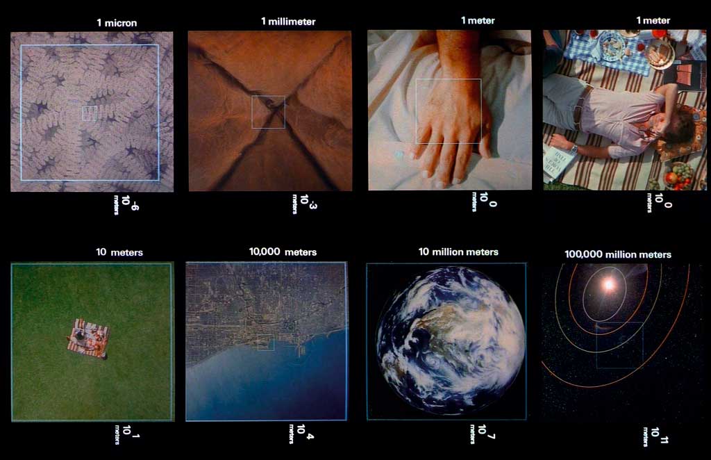 Frames from the Eames film Powers of Ten. This film provides some of the inspiration for the approach we are developing in Scales of Resistance, our film about antimicrobial resistance. We will also use a structure of descending scale to move a viewer from a planetary scale down to a farm, then city, then inside a human body. We will be using different imaging technologies at each of these scales in order to create accurate depictions of issues contributing to antimicrobial resistance at each of these scales. 