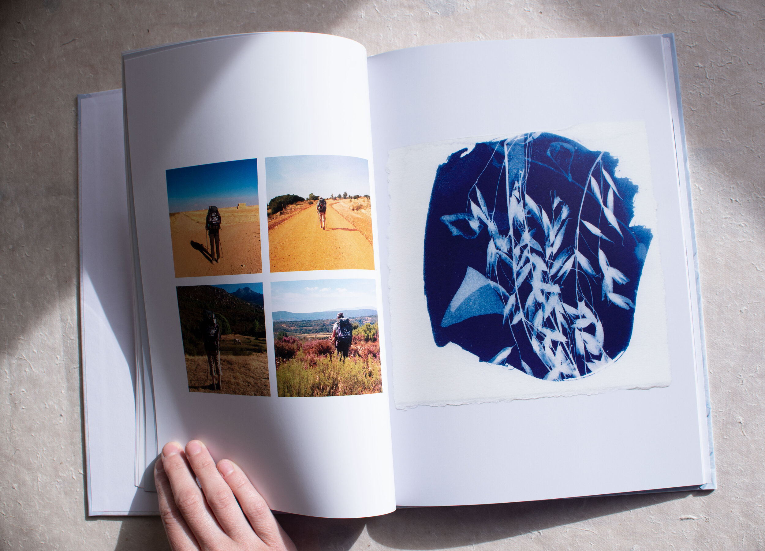   Artist book. 2018   This artist book consists of a compilation of cyanotypes I made during my pilgrimage of 500 miles from Madrid to Muxía, the last stop of El Camino de Santiago, Spain.  The images are shadows of elements I found on my way while I