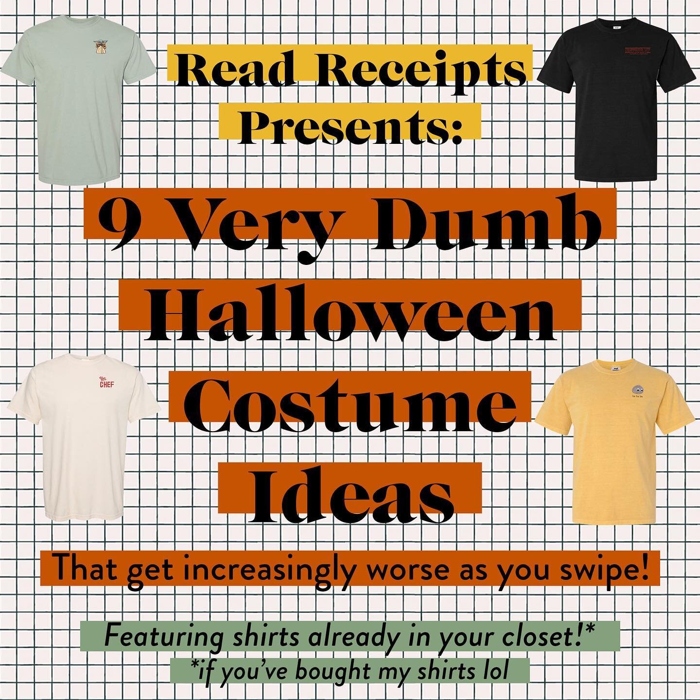 Need a Halloween costume that will make people groan? I GOTCHU! Swipe for 9 costumes based around some of my most popular designs&mdash;meaning that for many of you on here, these are actually real live possible options for you this halloweekend! Bec
