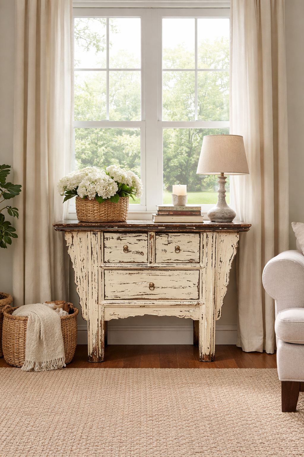 Antique Distressed Cream Cabinet