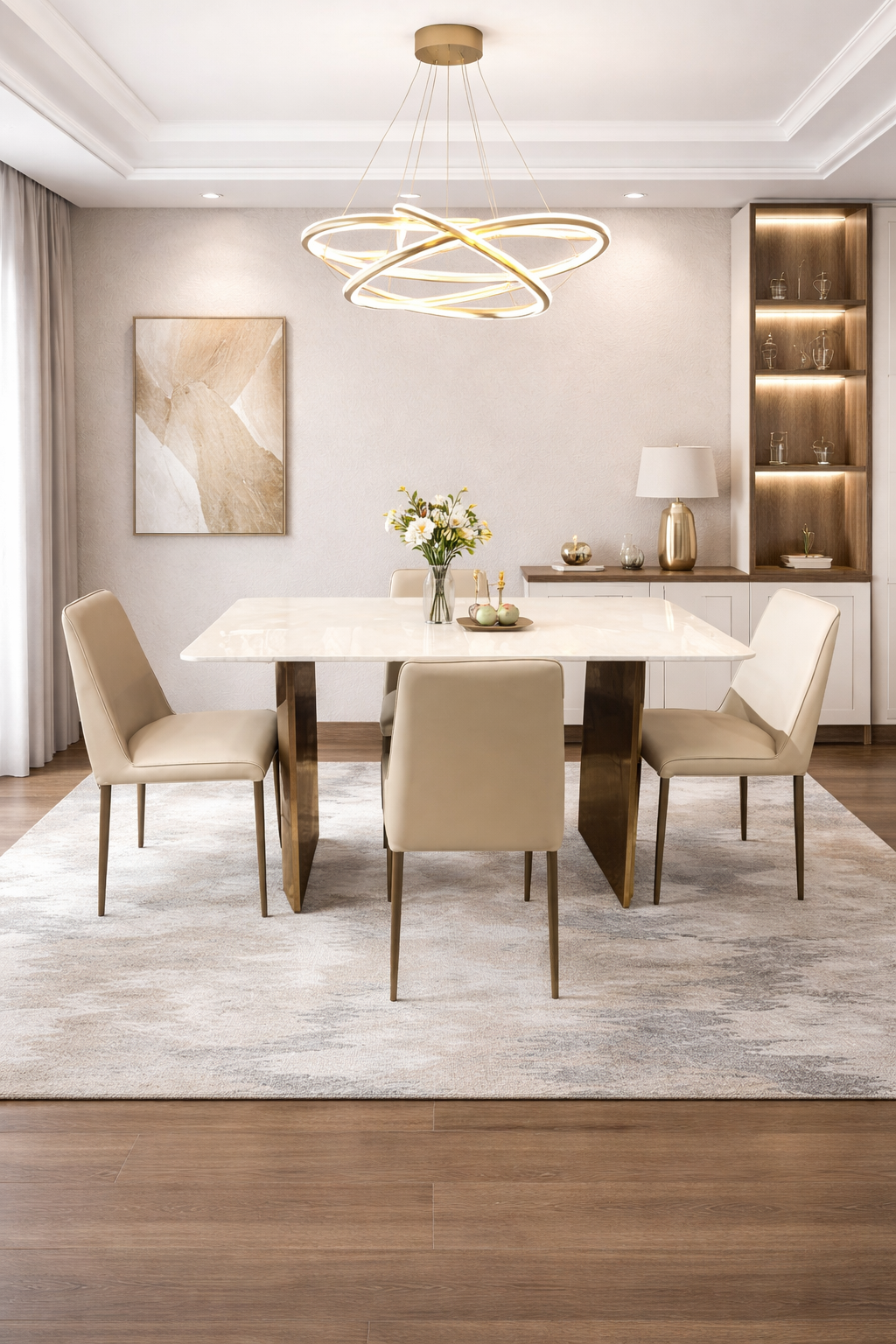 White Jade Luxury Marble Top and Stainless Steel Legs Dining Table Set (total 5 Pieces)