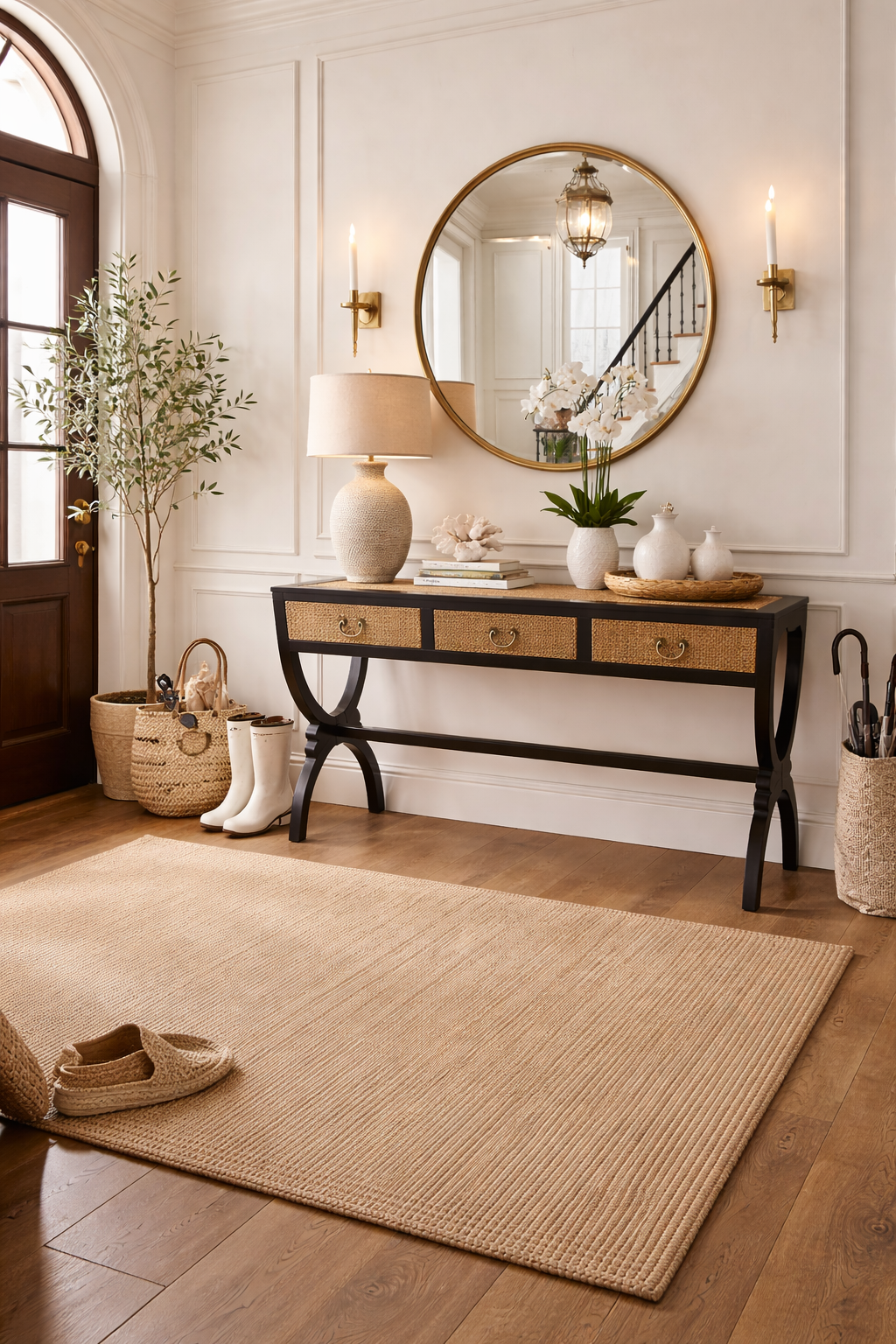 Cross Legs Rattan Top 3 Drawers Console Table