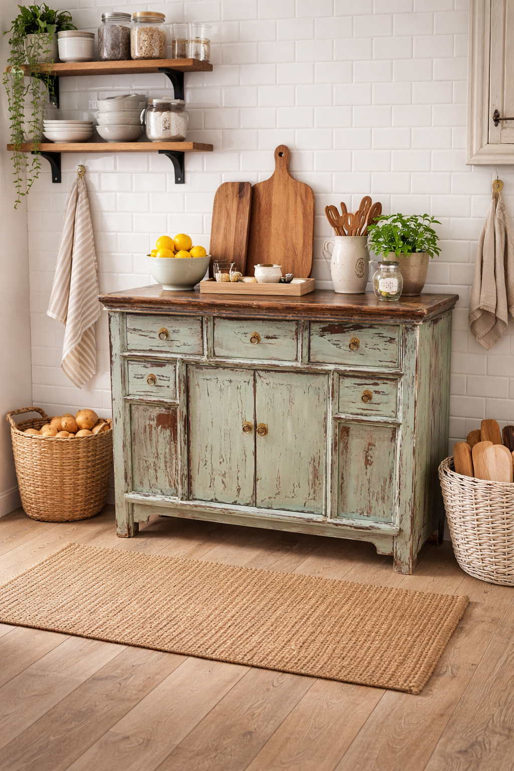 Distressed Grayish Blue Antique Cabinet