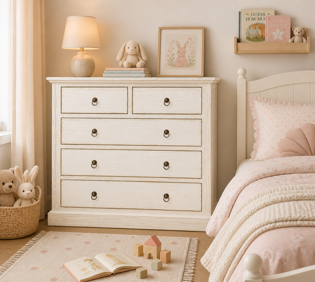 5 Drawers White Wash Dresser