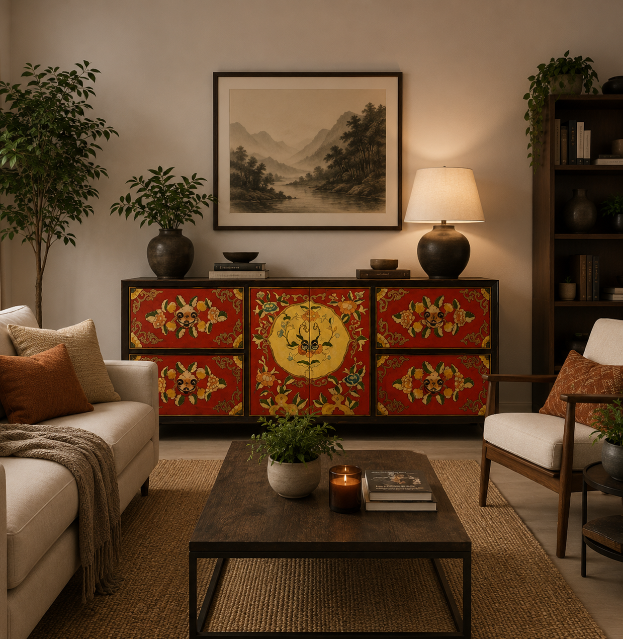 Hand Painted Motif Tibetan Sideboard