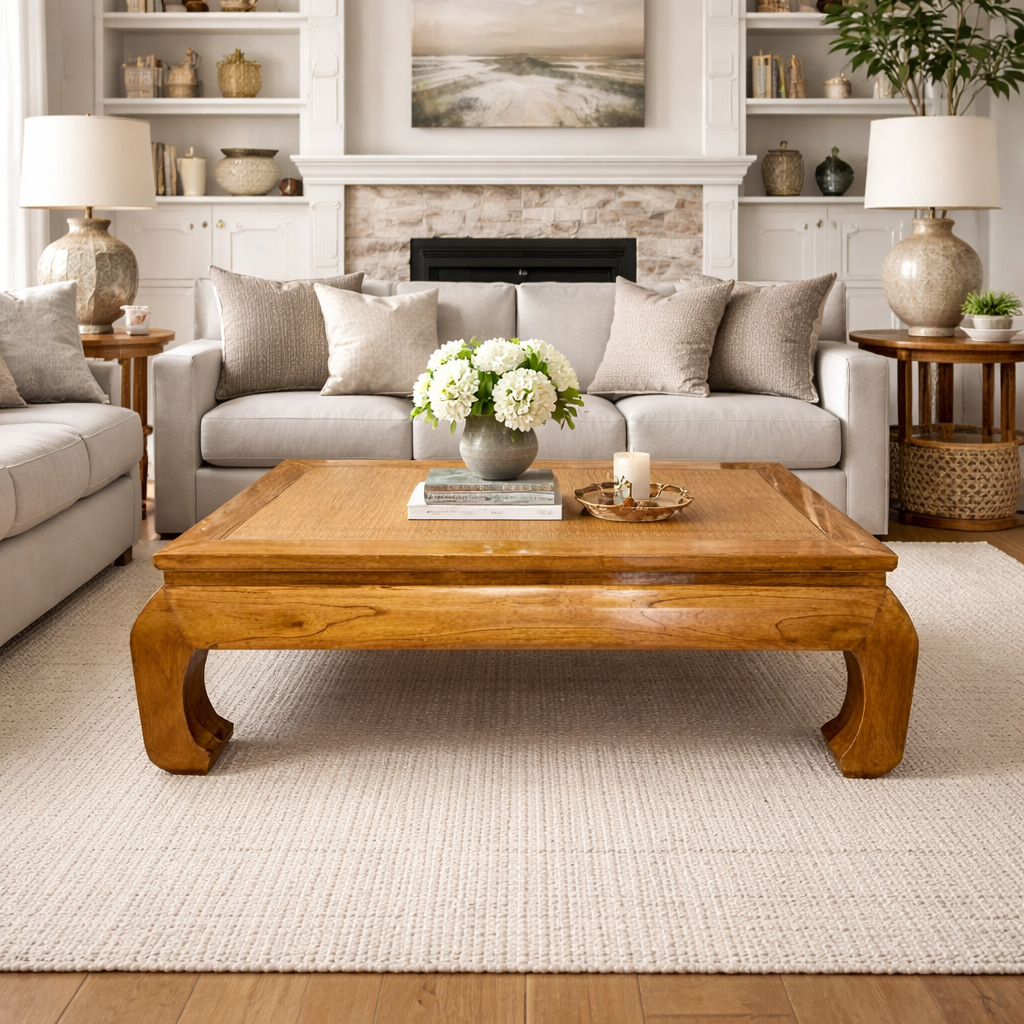 Ming Style Coffee Table With Rattan Top