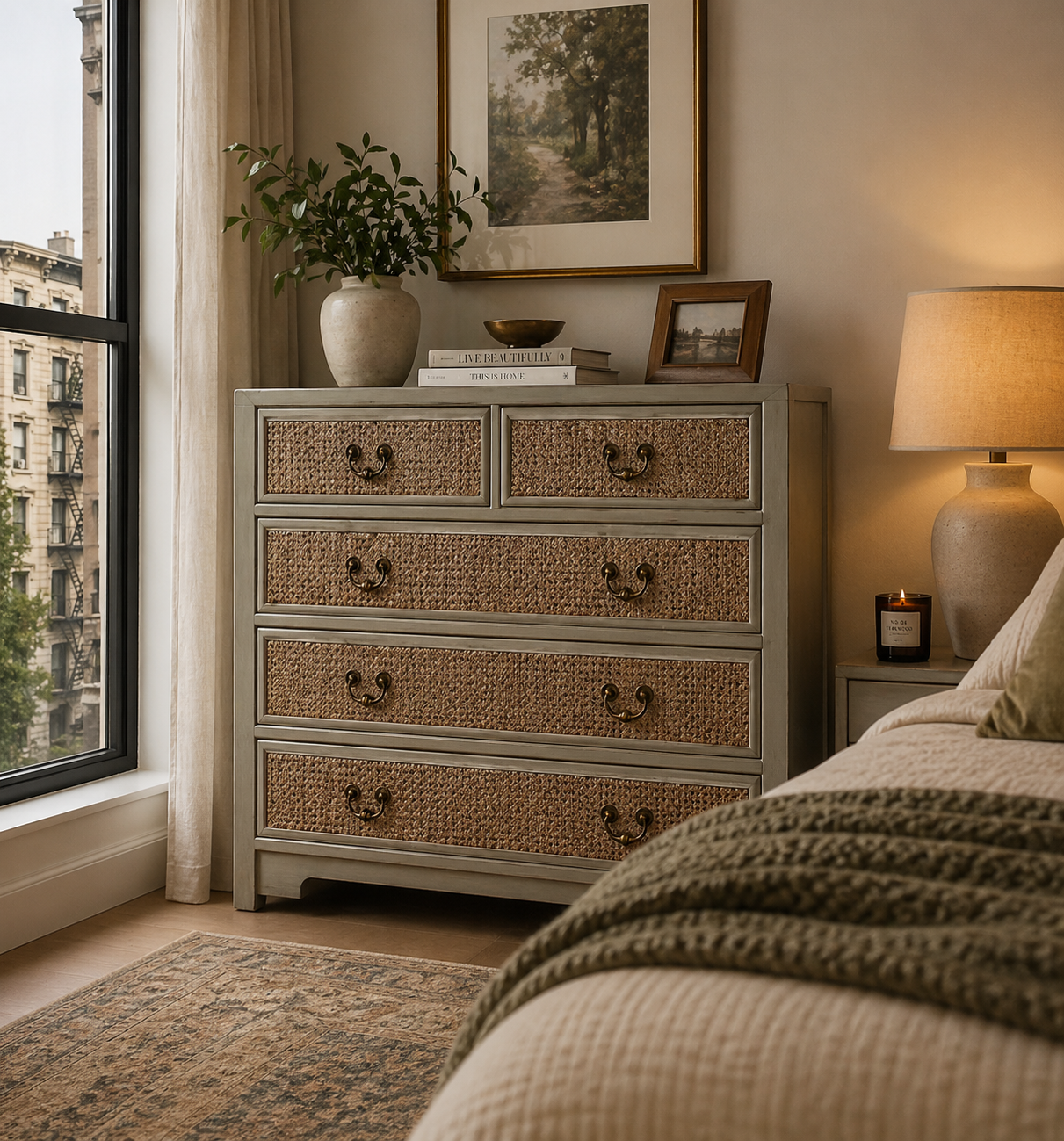 Rattan Inlaid 5 Drawers Dresser