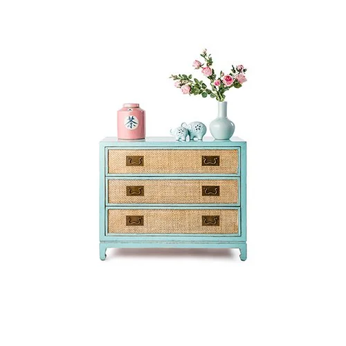 blue rattan dresser Kalea Coastal Beach Blue Woven Rattan Double Dresser