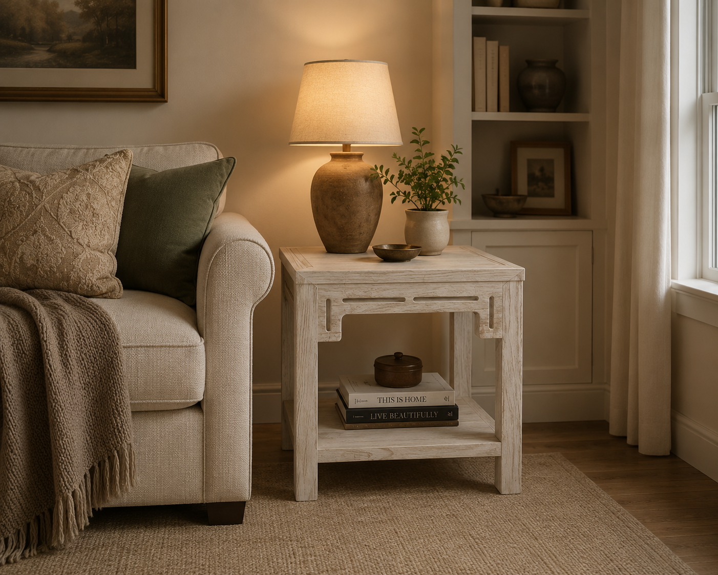 White Wash Side Table With Apron