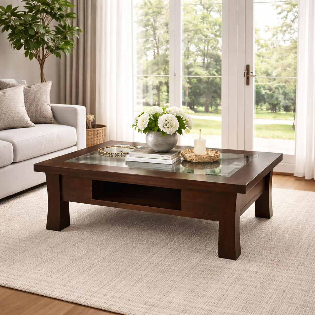 Glass Top Coffee Table with Iron Doors