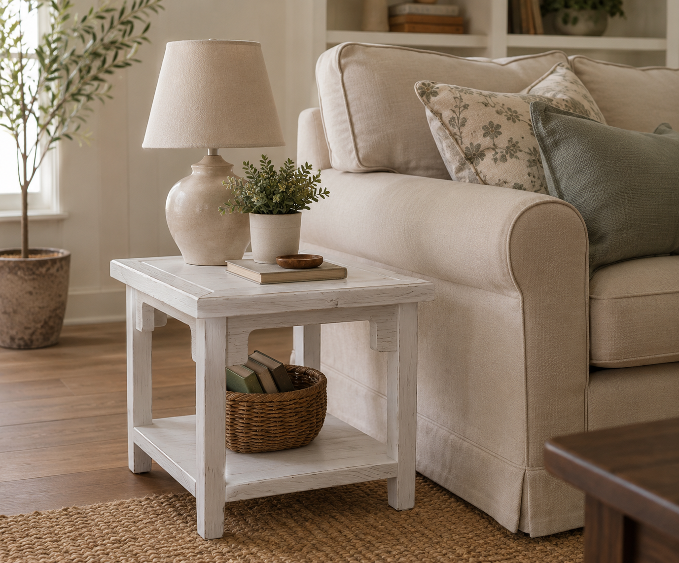 Square Shape White Wash Side Table