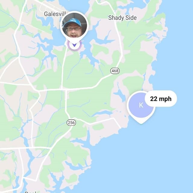 There's a good story behind this weird Instagram post. Kari is out on her longest ever solo run on the Sea Doo! She left from West River, where you see my face, and is riding to Deale, at the bottom left of the map. .
Notice her speed. After many yea