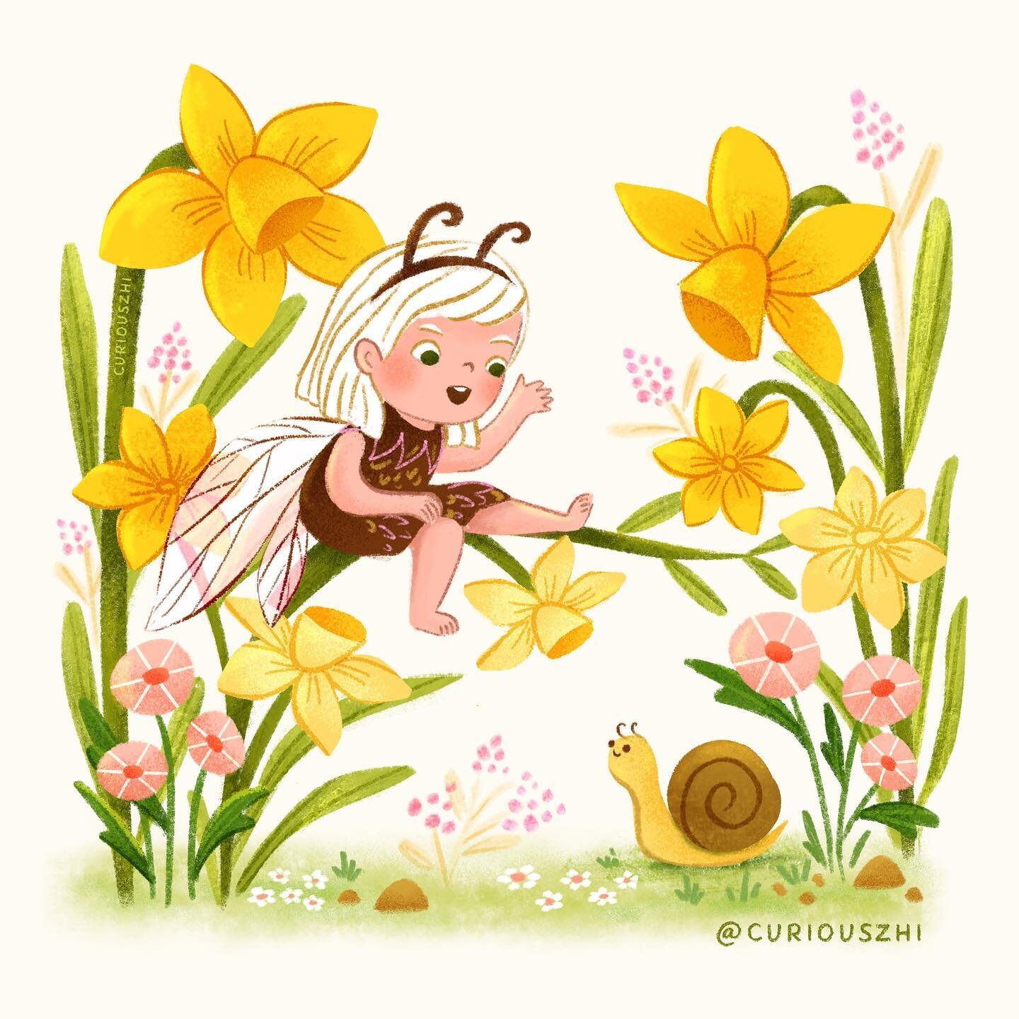 So glad to see the sun shining today☀️ and getting some more Spring-like weather. Reposting this little fairy piece from last year which I still really like. 🧚🏻&zwj;♀️🐌🌼
⠀
&mdash; 🏷 &mdash;
#curiouszhidraws #fairyillustration  #childrenbookart #