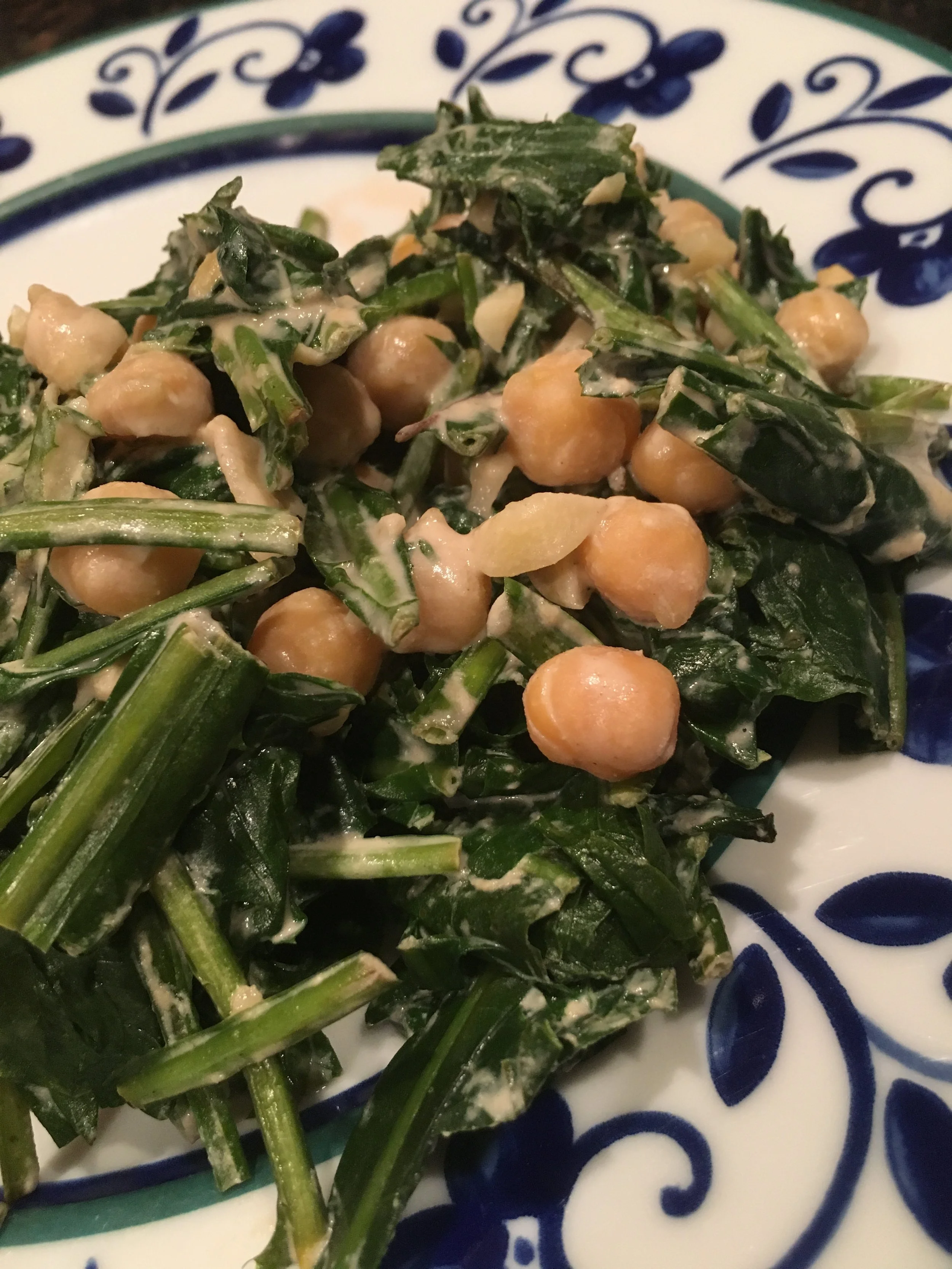 Chickpea and Garlic-Sesame Dandelion Greens