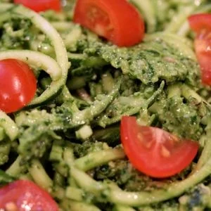Zucchini Spaghetti with Pesto and Cherry Tomatoes