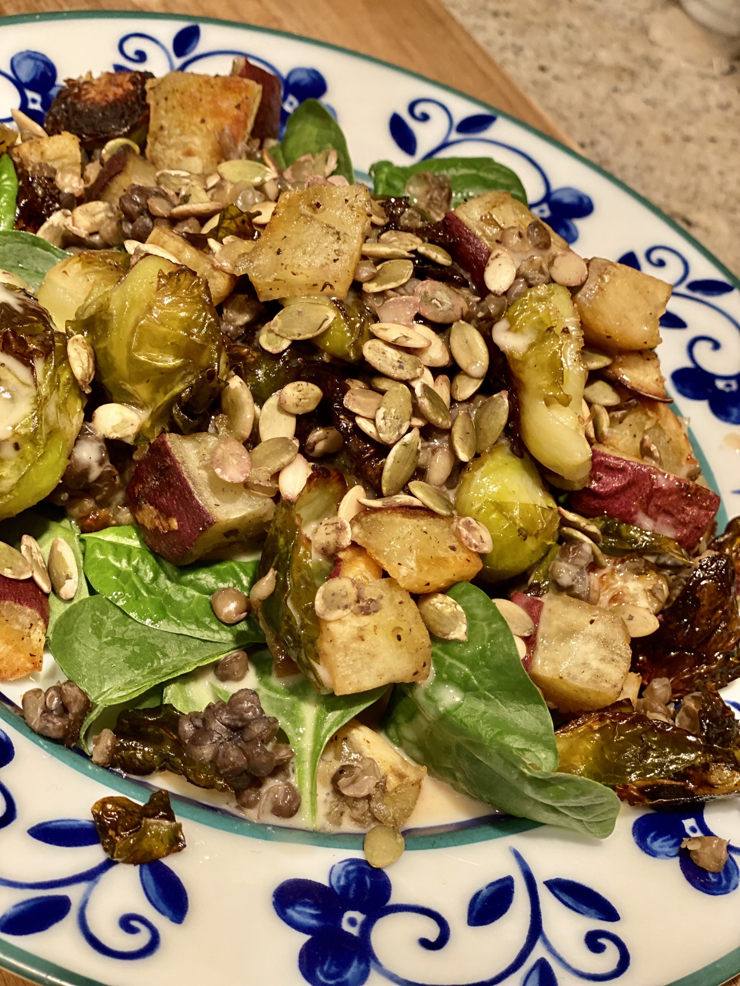 Sweet Potato &amp; Brussels Sprouts Salad with Maple Tahini Dressing