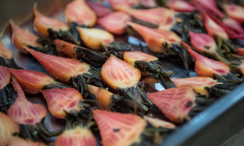 Prepping carrots.