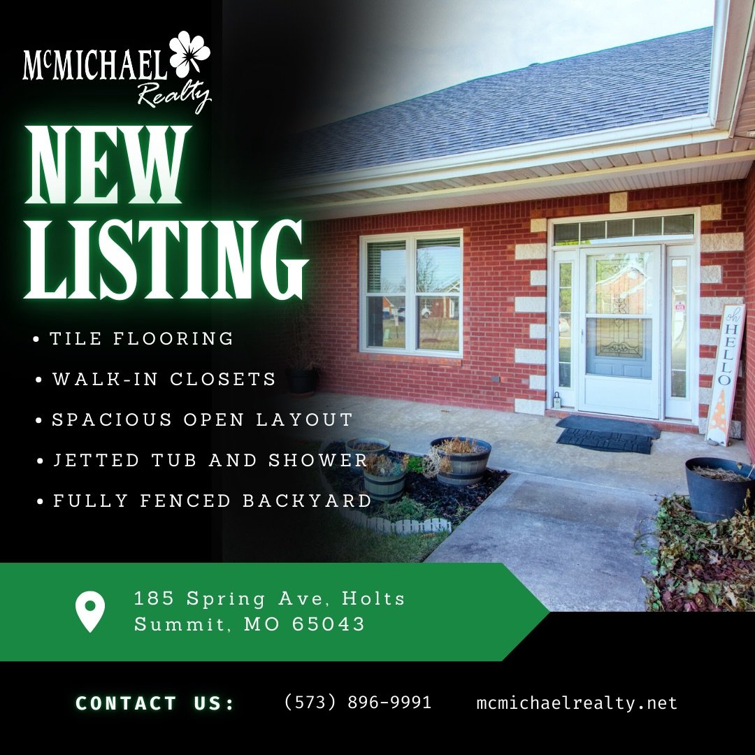 $269,900 | 185 Spring Ave, Holts Summit, MO 65043
🛏 3 Beds | 🛁 2 Baths | 📐 1,818 Sq Ft | Built 2005

Move-in ready ranch offering over 1,800 square feet of one-level living in a desirable Holts Summit location.

✨ Interior features:
&bull; Spaciou