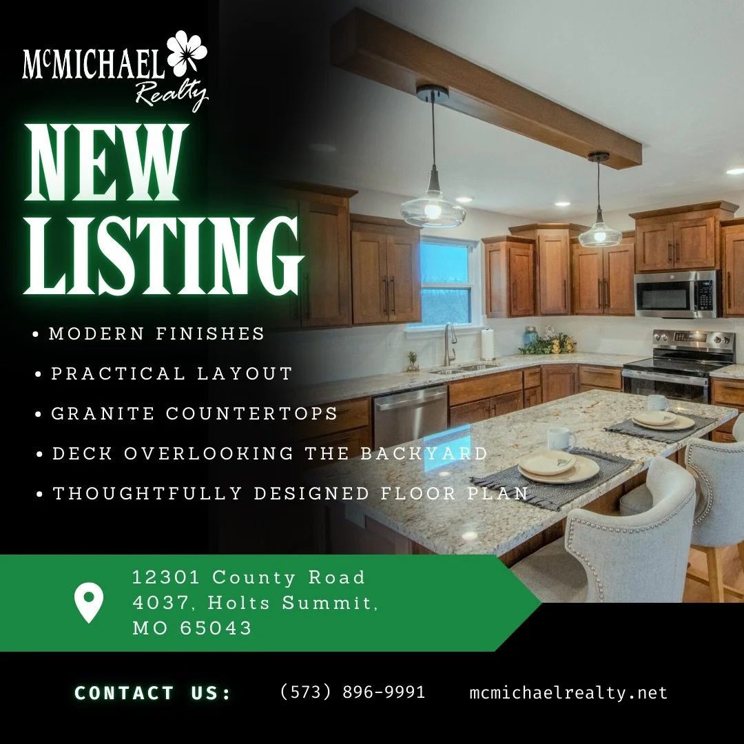 ‼️ Modern New Construction ‼️

$389,900 | 12301 County Road 4037, Holts Summit, MO 65043
🛏 3 Bedrooms | 🛁 2 Bathrooms | 📐 1,686 Sq Ft | 🌳 2.28 Acres | Built 2026

Brand-new construction offering the ideal blend of modern finishes, functional desi
