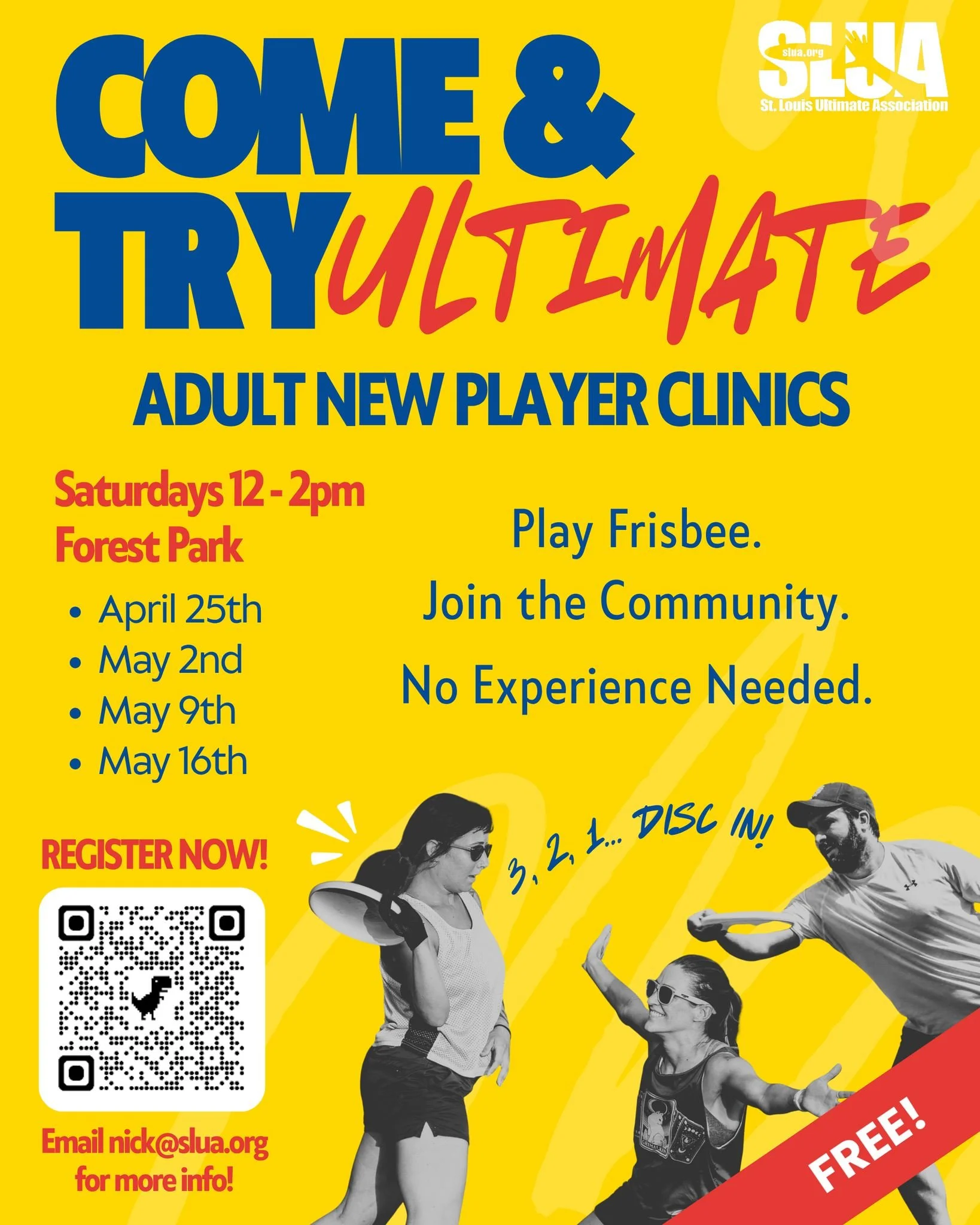 COME TRY ULTIMATE 🥏

New to frisbee? Perfect. That&rsquo;s the point.

Join us for Adult New Player Clinics&mdash;learn the basics, meet awesome people, and get moving this spring 🌞

📍 Forest Park
🗓 Saturdays | 12&ndash;2pm
April 25 &bull; May 2 