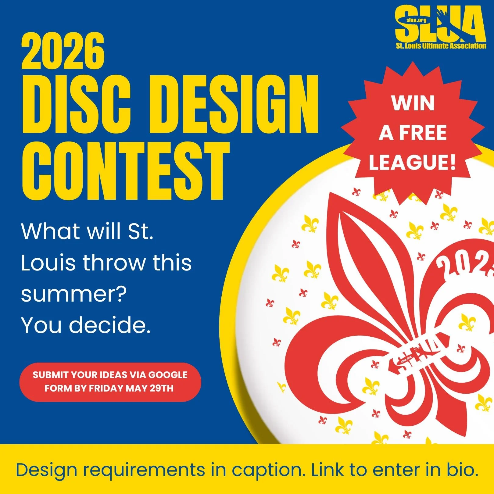 🎨🥏 2026 SLUA Disc Design Contest

Your art = the official 2026 summer league disc 🔥

Submit a design for a chance to have the whole community throwing your disc all summer long. After submissions are reviewed, the community will vote for their fav