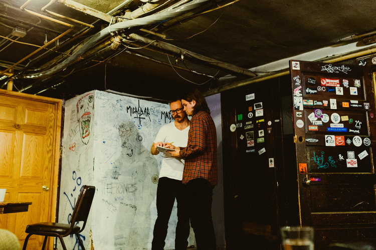 Andy writing my set list in Madison just to mix things up. First time I ended a set with something other than Hospital Hymns in a long time. 