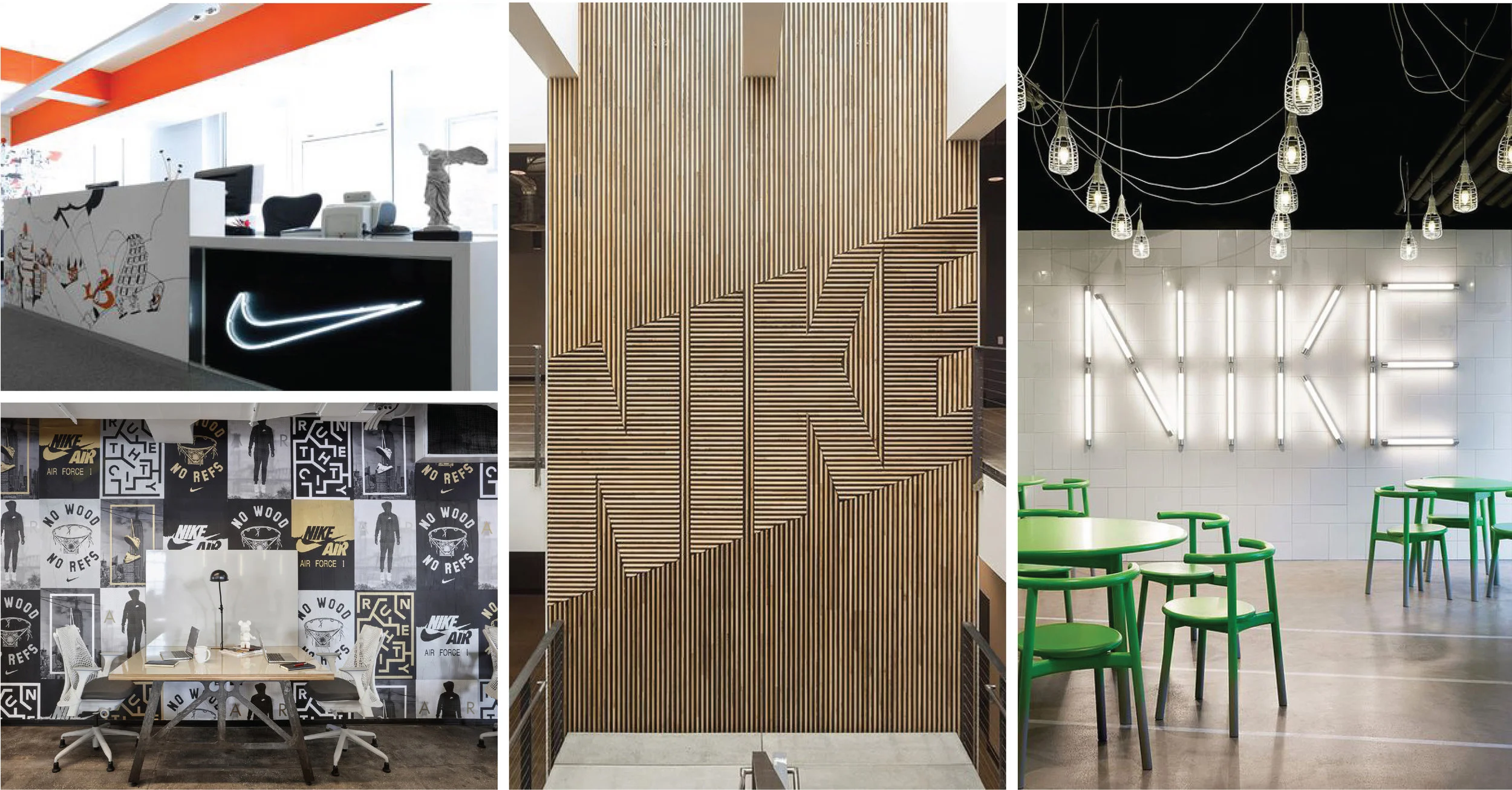 The various expressions of the Nike brand in their workplaces. Top left: Rosie Lee; Bottom left: Nike by o+a; Middle: Fieldwork Design & Architecture; Right: Workshop of Wonders. (designs by others)