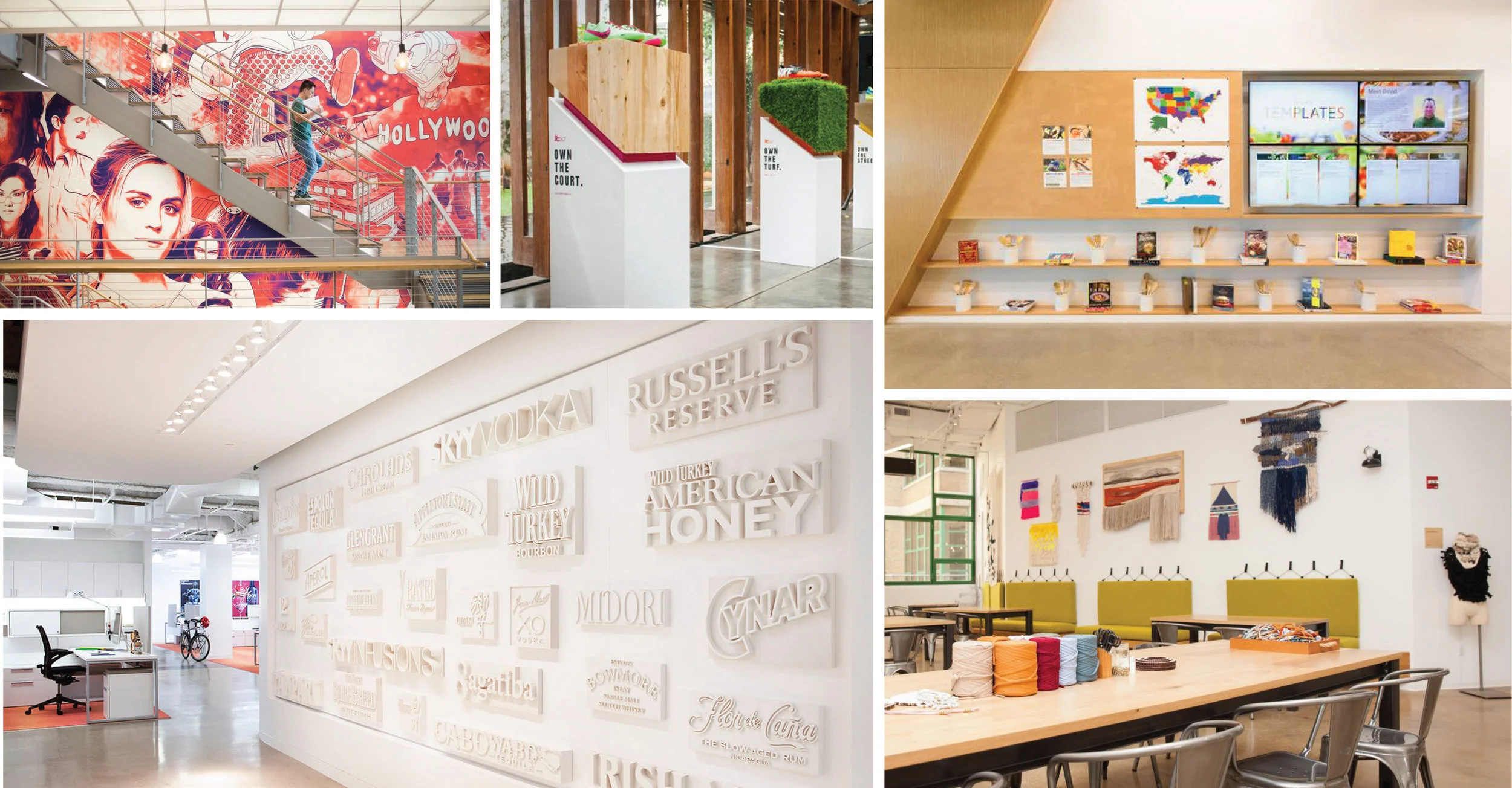 Top left: Netflix headquarters; Middle: Nike; Top Right: Adobe headquarters; Bottom Left: Campari by Rapt; Bottom right: Etsy headquarters in Brooklyn. (designs by others)