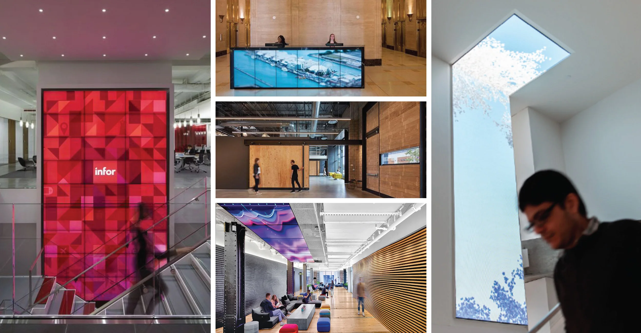 Left: Infor offices by Stantec; Middle Top: Motorola; Middle: Retail Design Collaborative; Middle bottom: Google Chelsea; and Right: Microsoft (designs by others)
