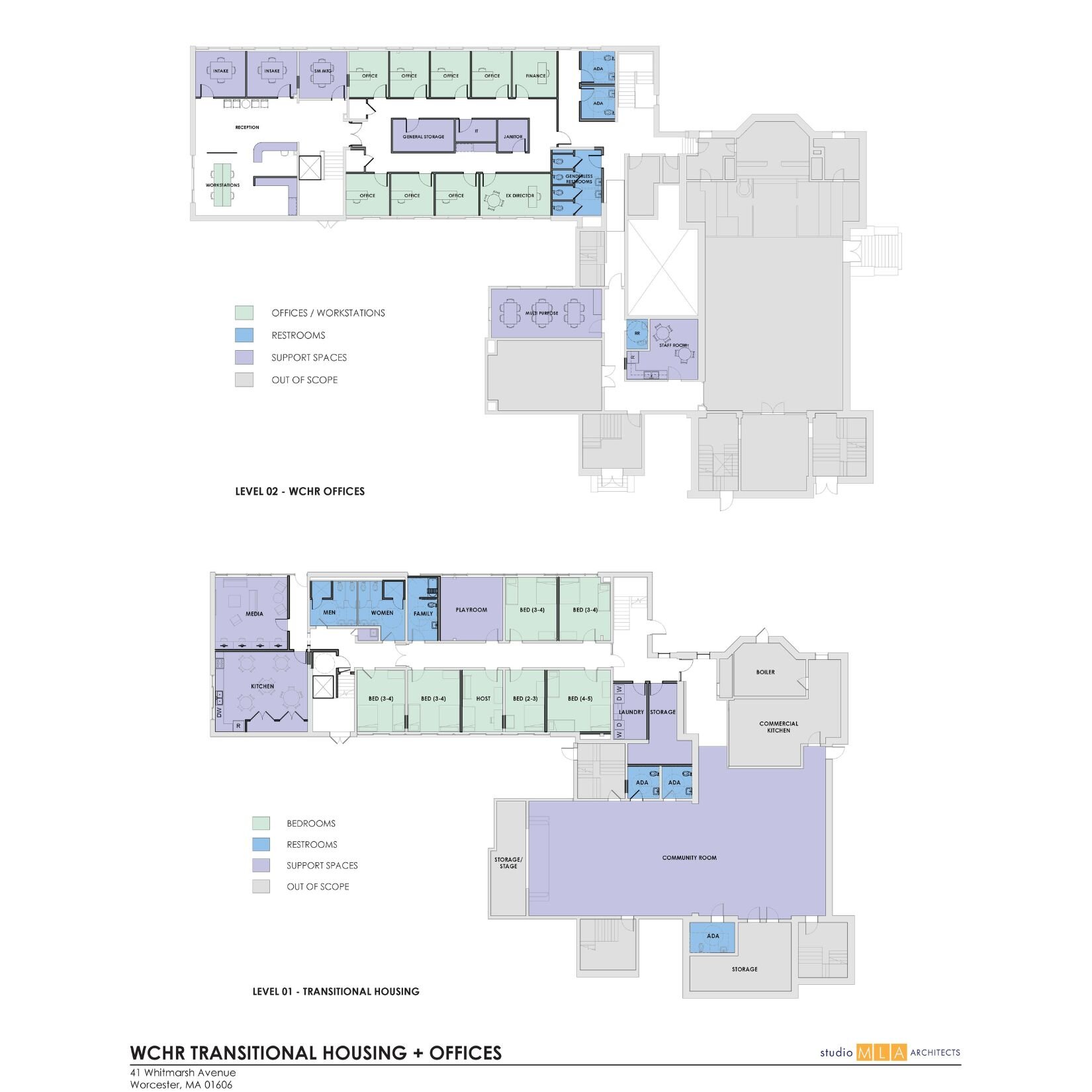 WCHR has partnered with the Zion Lutheran Church and Friendly House to revitalize the
former church campus into a multi-use, fully accessible center. The Whitmarsh Center will include a 6-bedroom emergency family shelter run by Friendly House, as wel