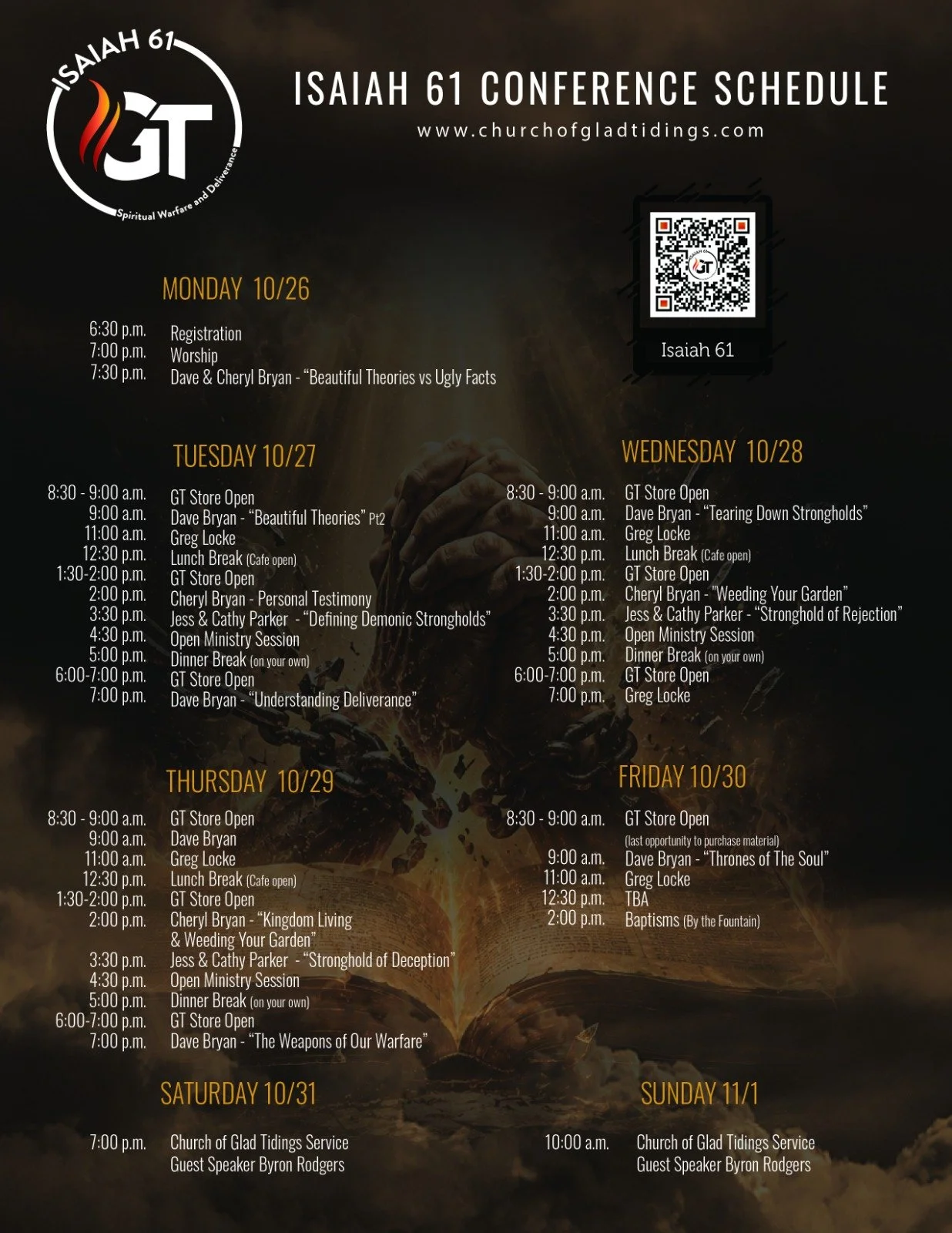 Isaiah 61 Conference Schedule — October 26–30, 2026