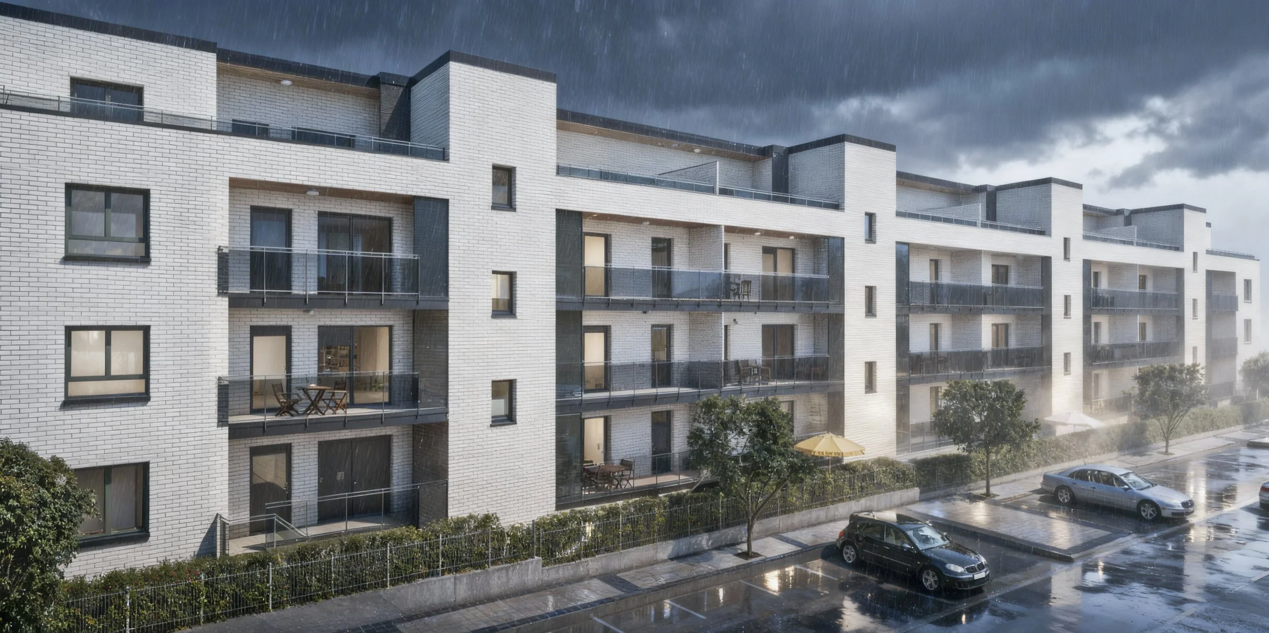 bloque de viviendas lloviendo 