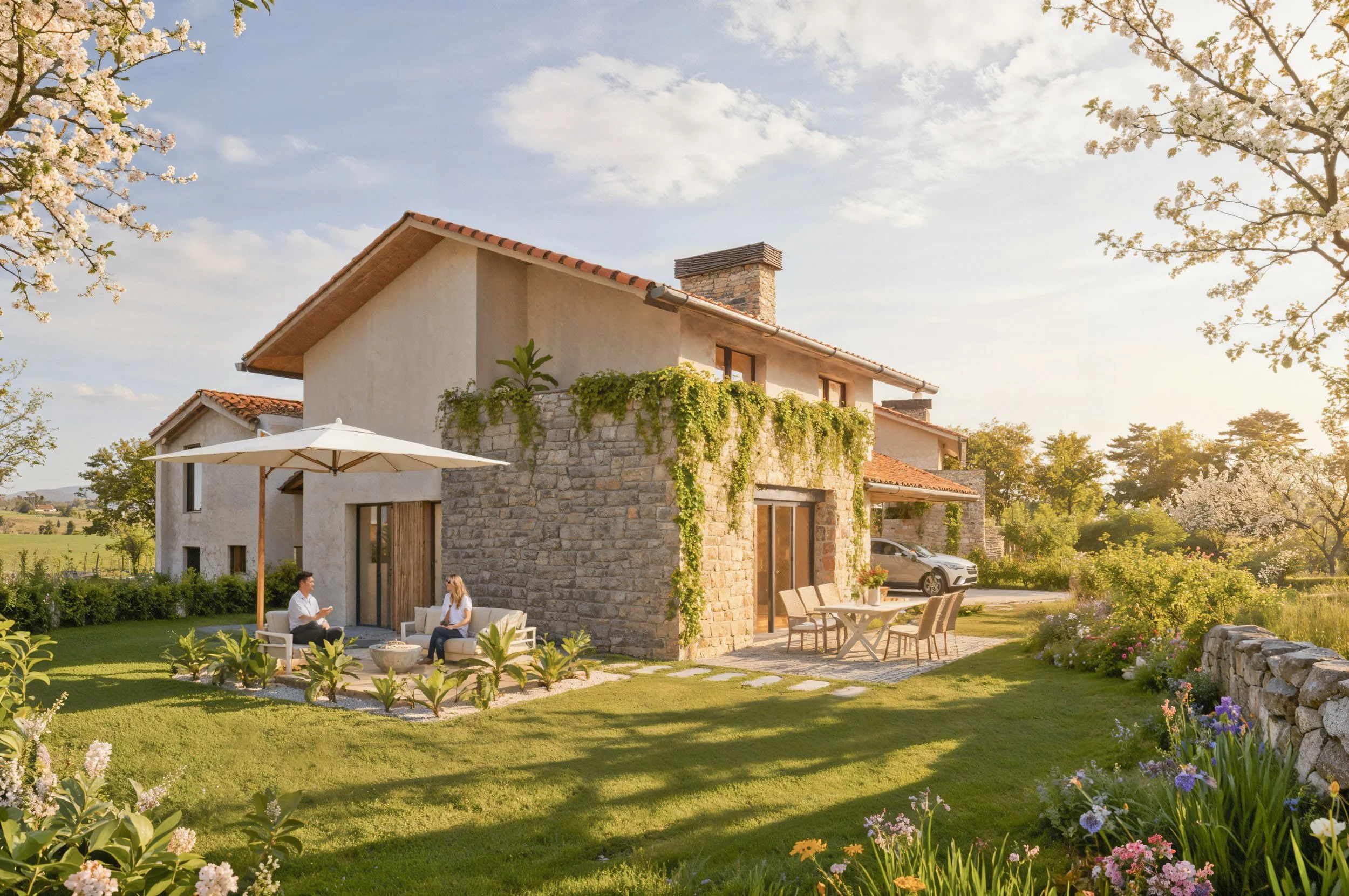 Vivenda unifamiliar en atardecer