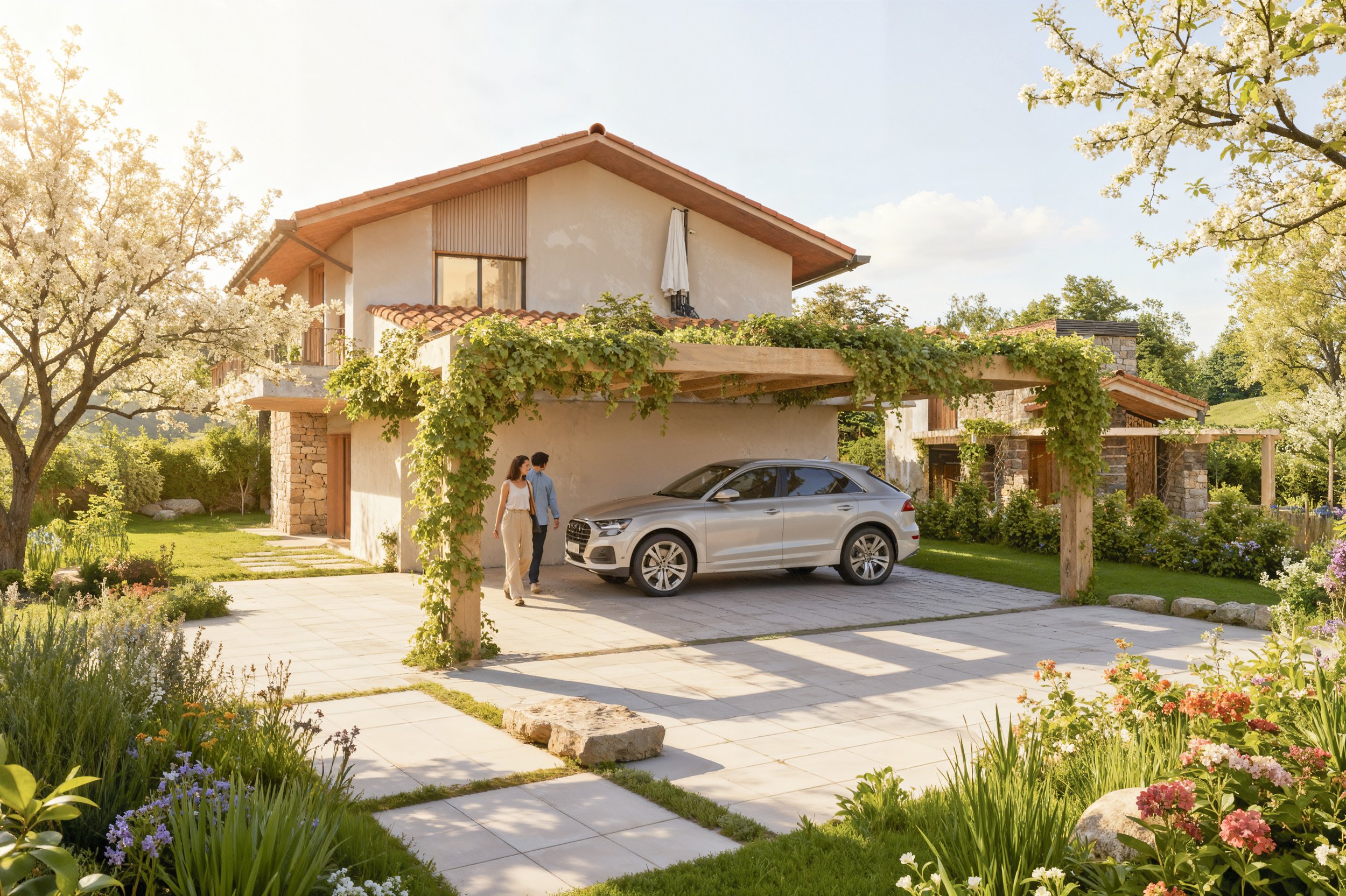 vivienda unifamiliar 3d con parquing y pergola