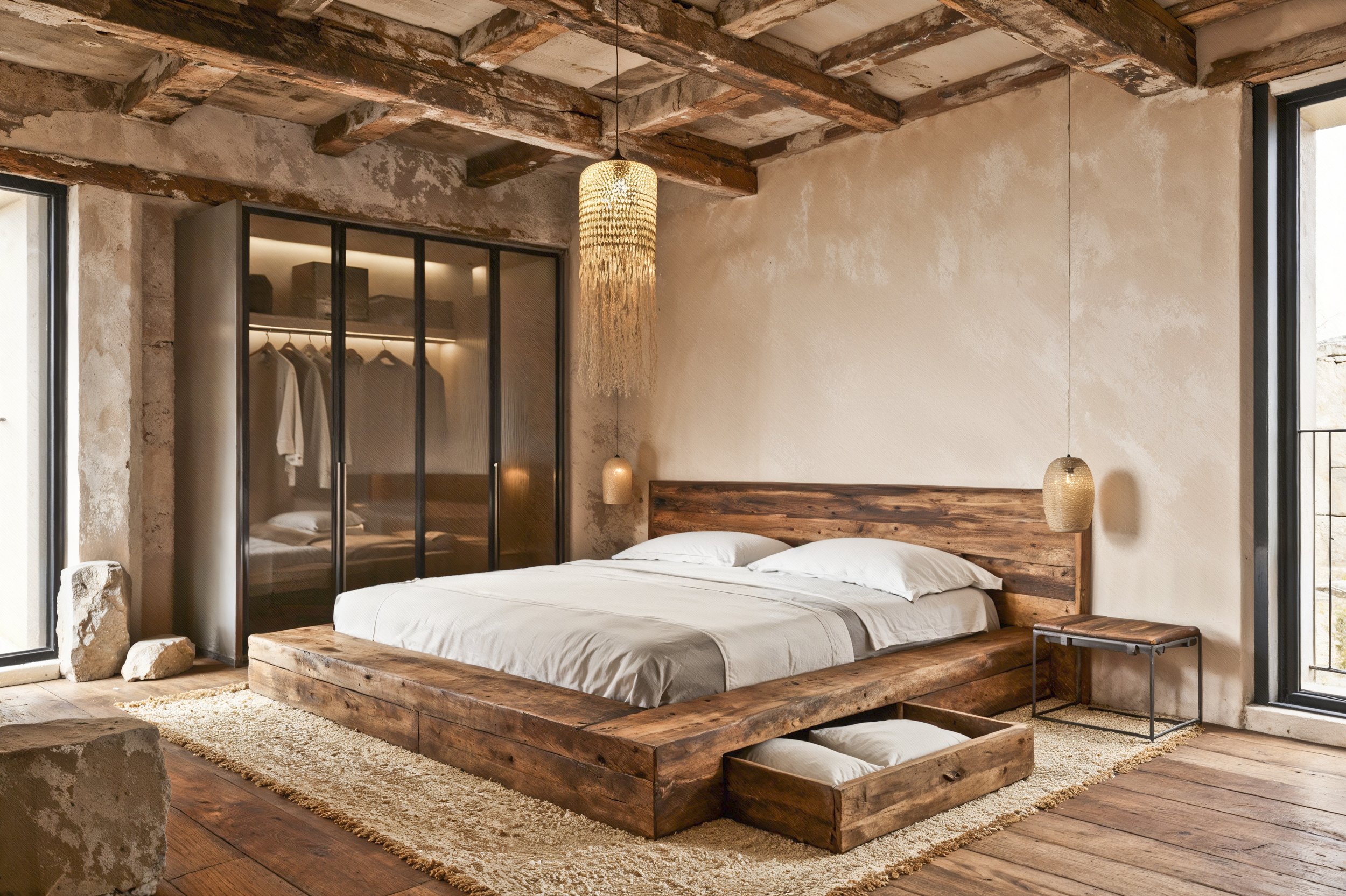 Dormitorio estilo rústico contemporáneo y wabi-sabi