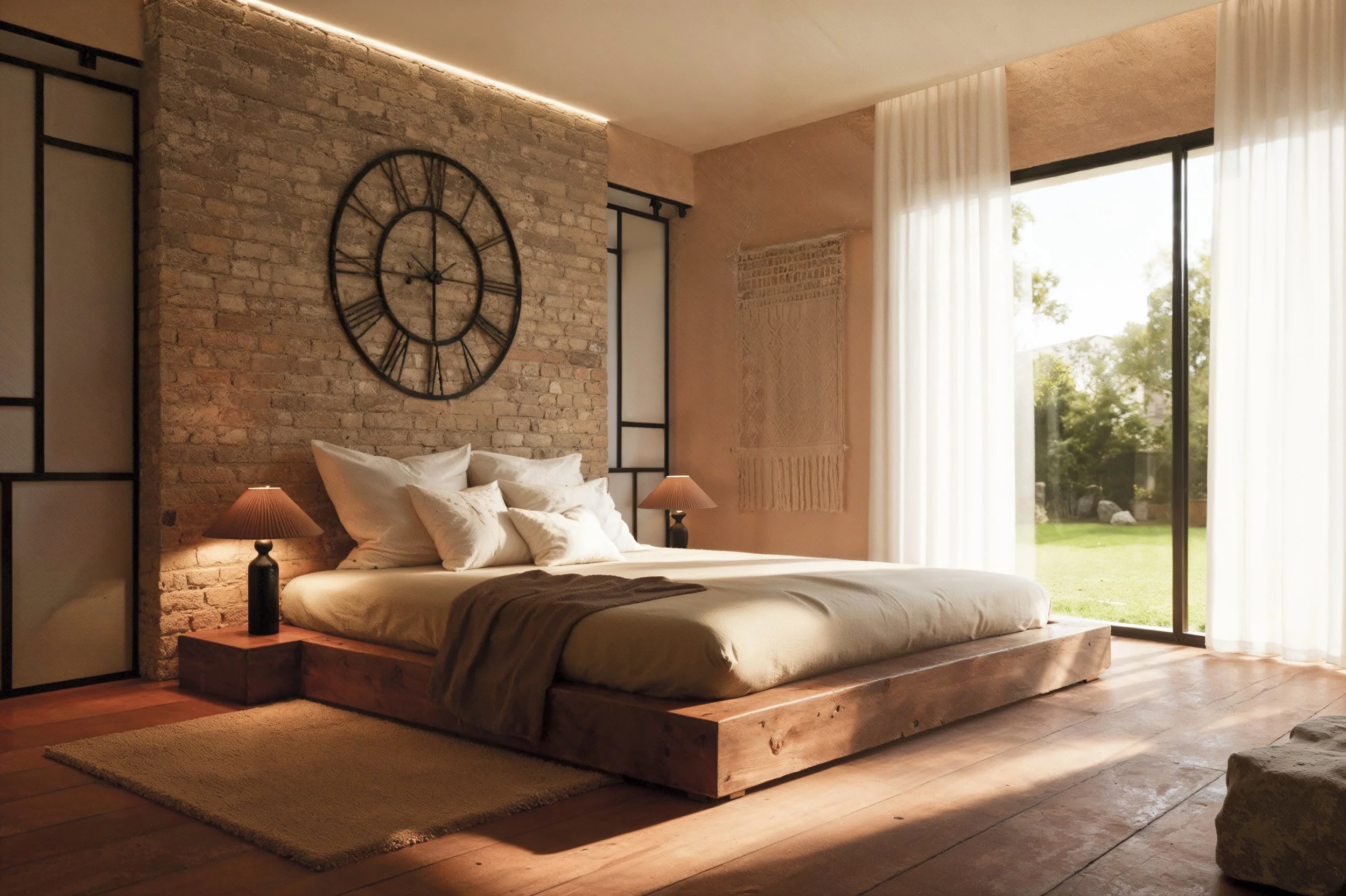 render de interior rústico contemporáneo y wabi-sabi