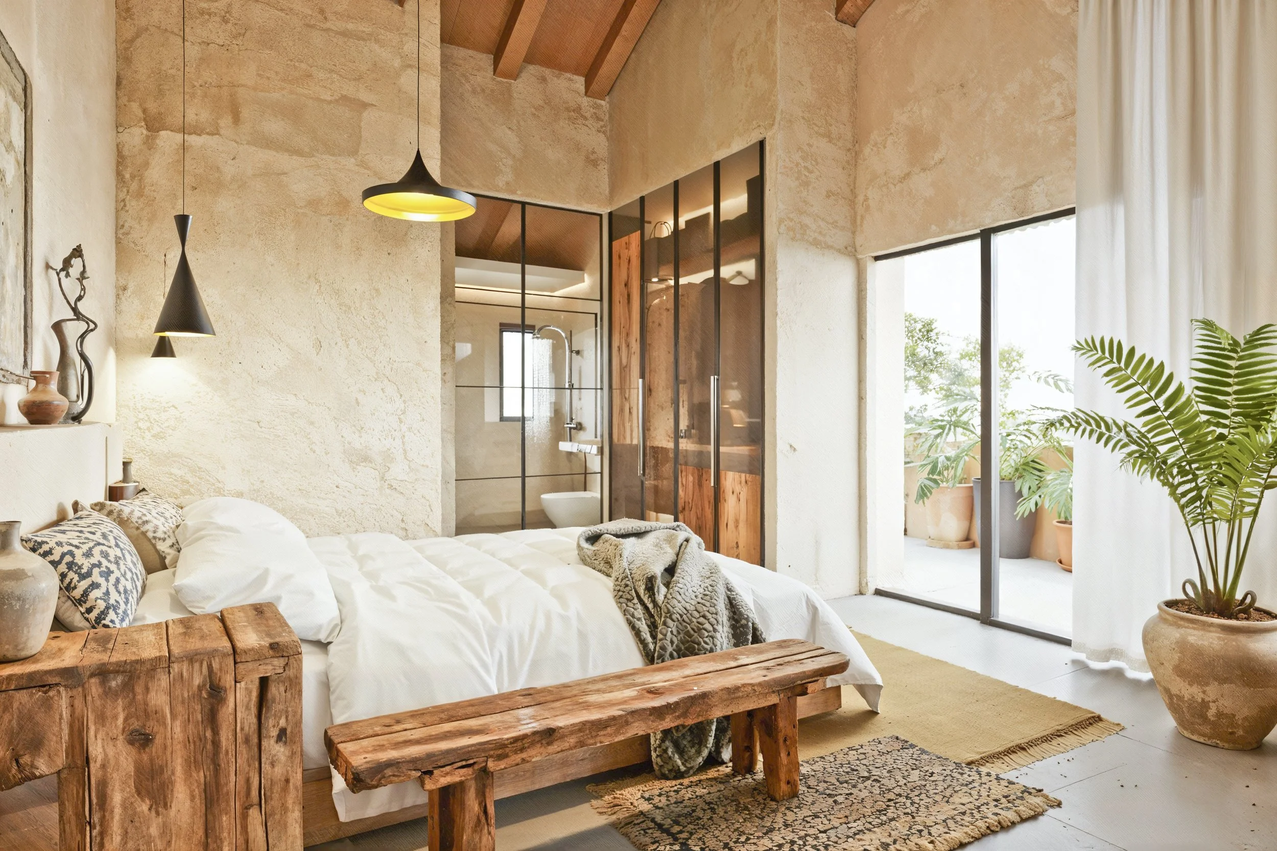 render de interior dormitorio estilo rústico contemporáneo y wabi-sabi